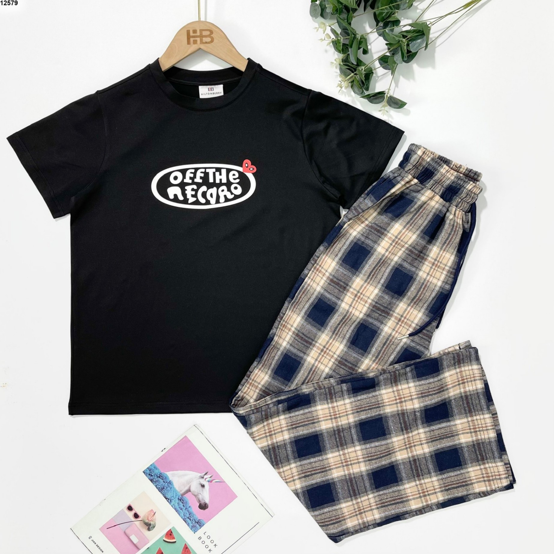 Bộ cotton in ngực Offthe quần kẻ 3 màu