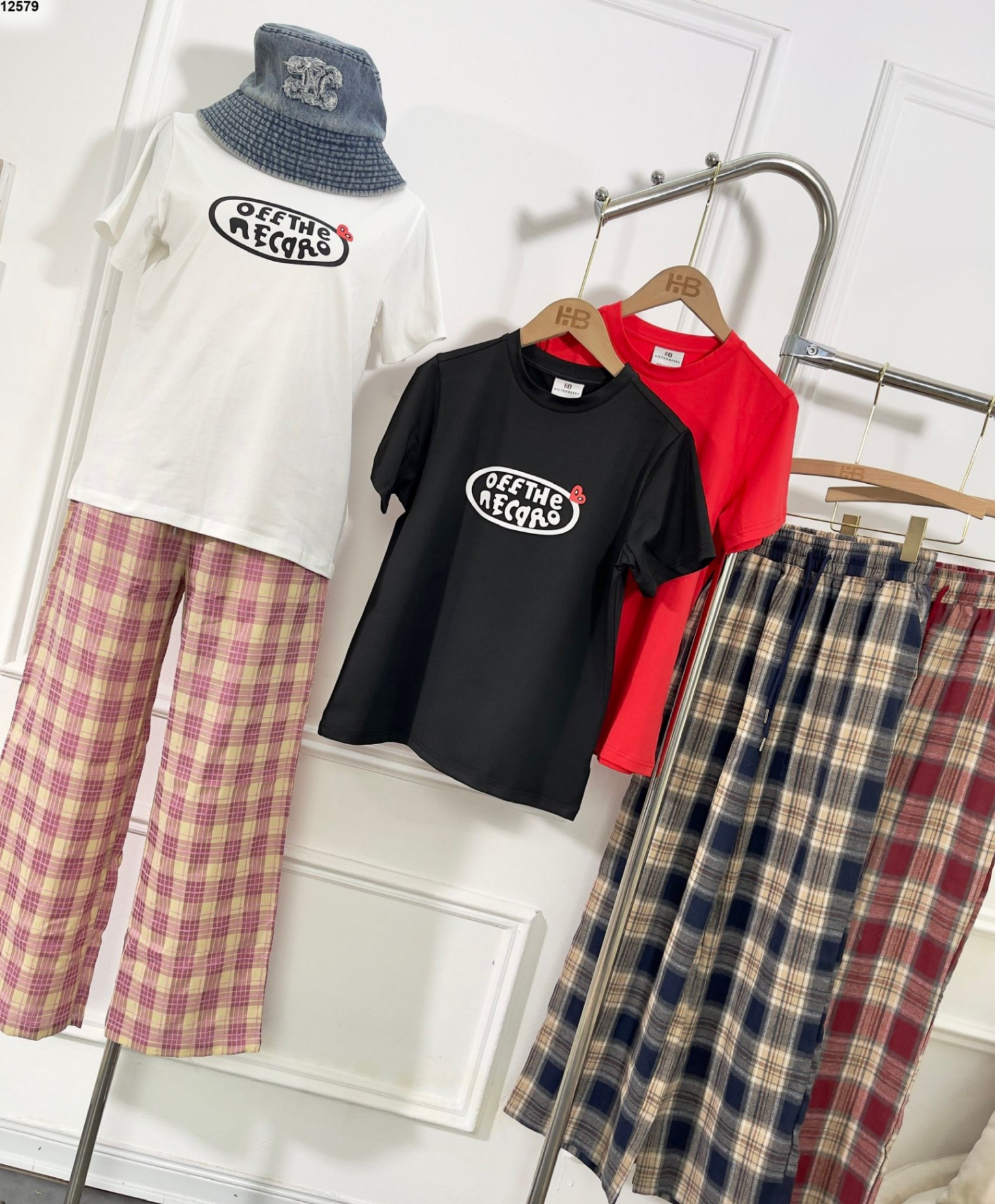 Bộ cotton in ngực Offthe quần kẻ 3 màu