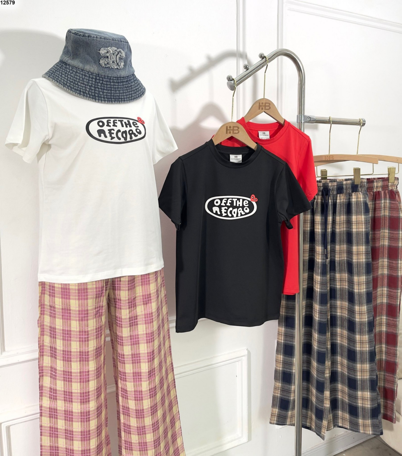 Bộ cotton in ngực Offthe quần kẻ 3 màu
