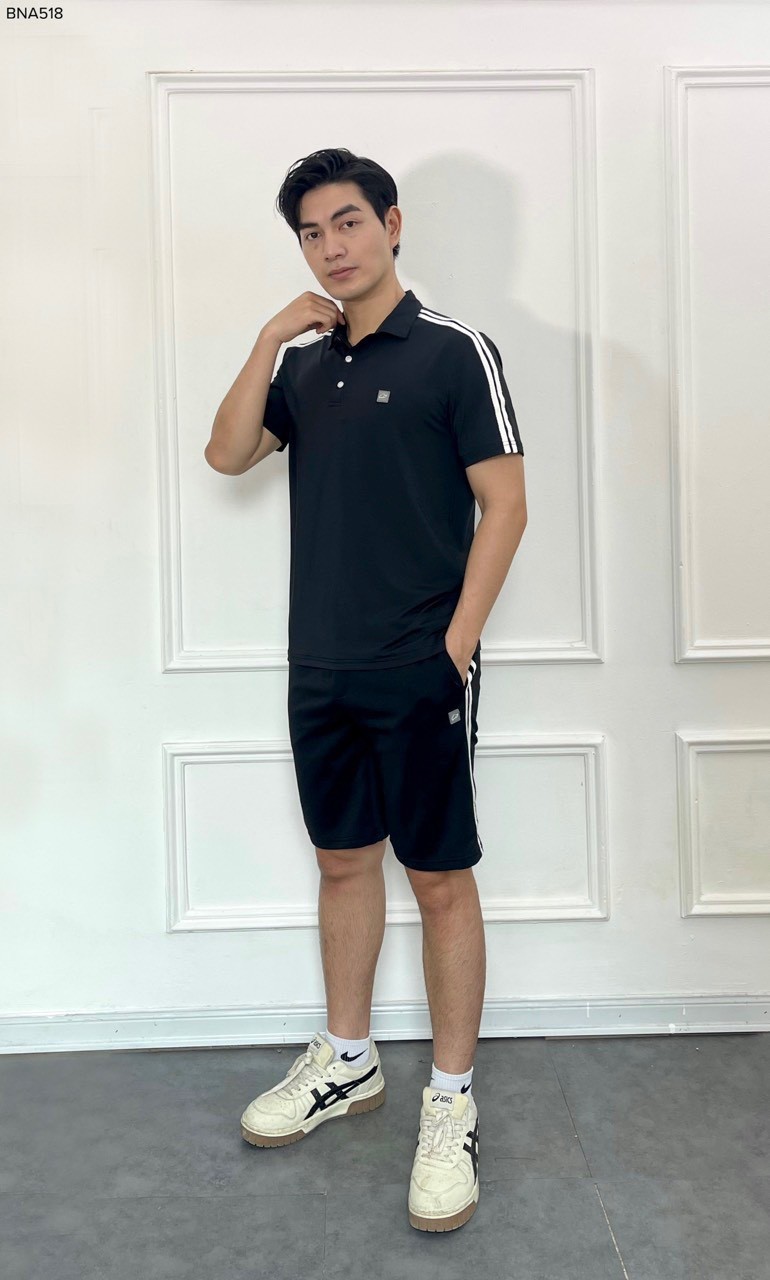 Bộ nam cổ polo phối 2 sọc logo cao su ngực