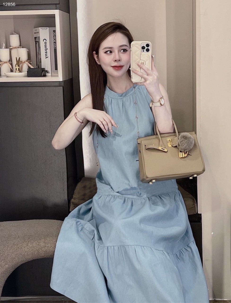 Váy jean sát nách phối tầng ,form suông