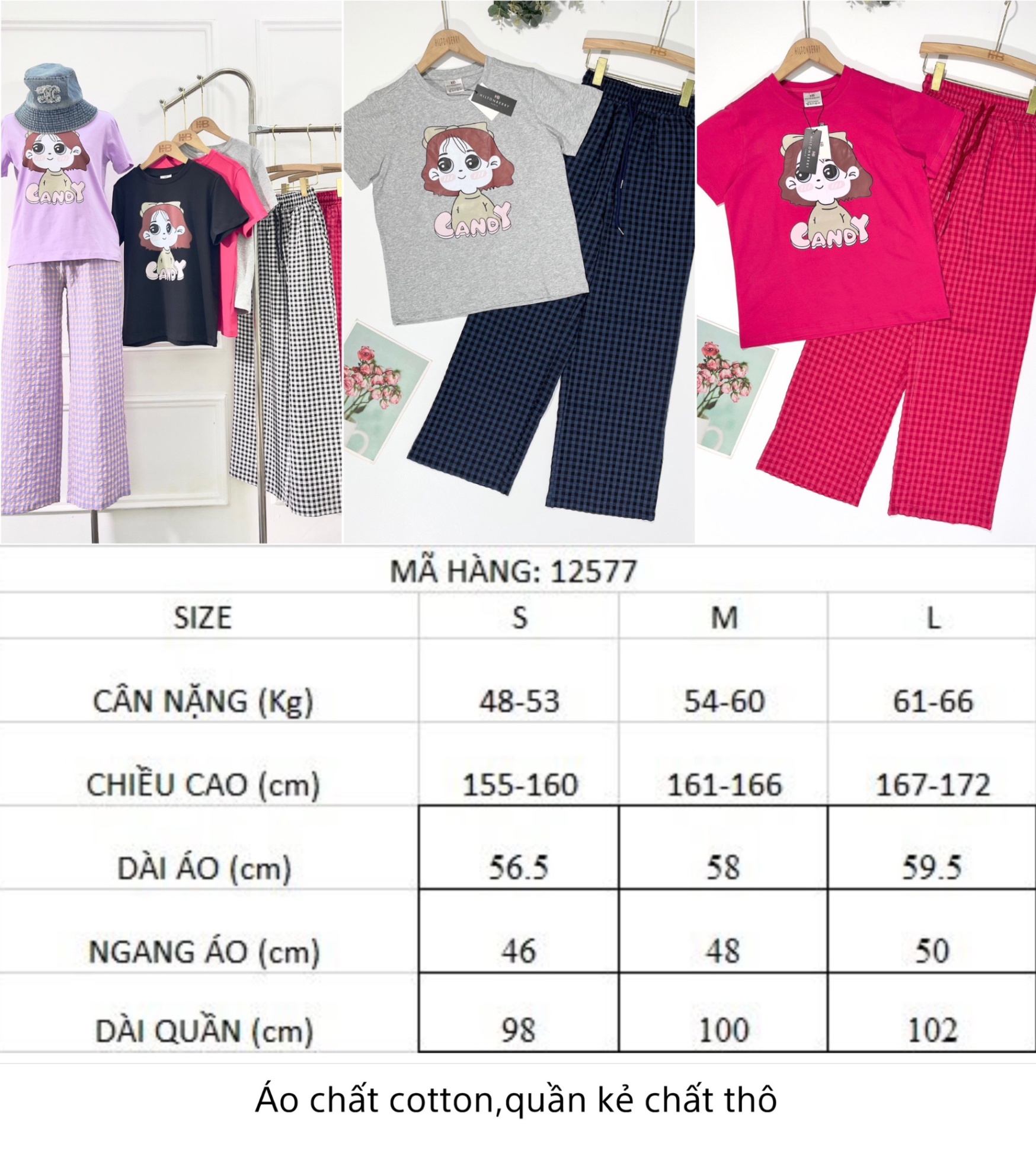 set quần kẻ áo thun cô gái