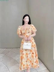 Váy hoá xếp rúm ngực tay bồng