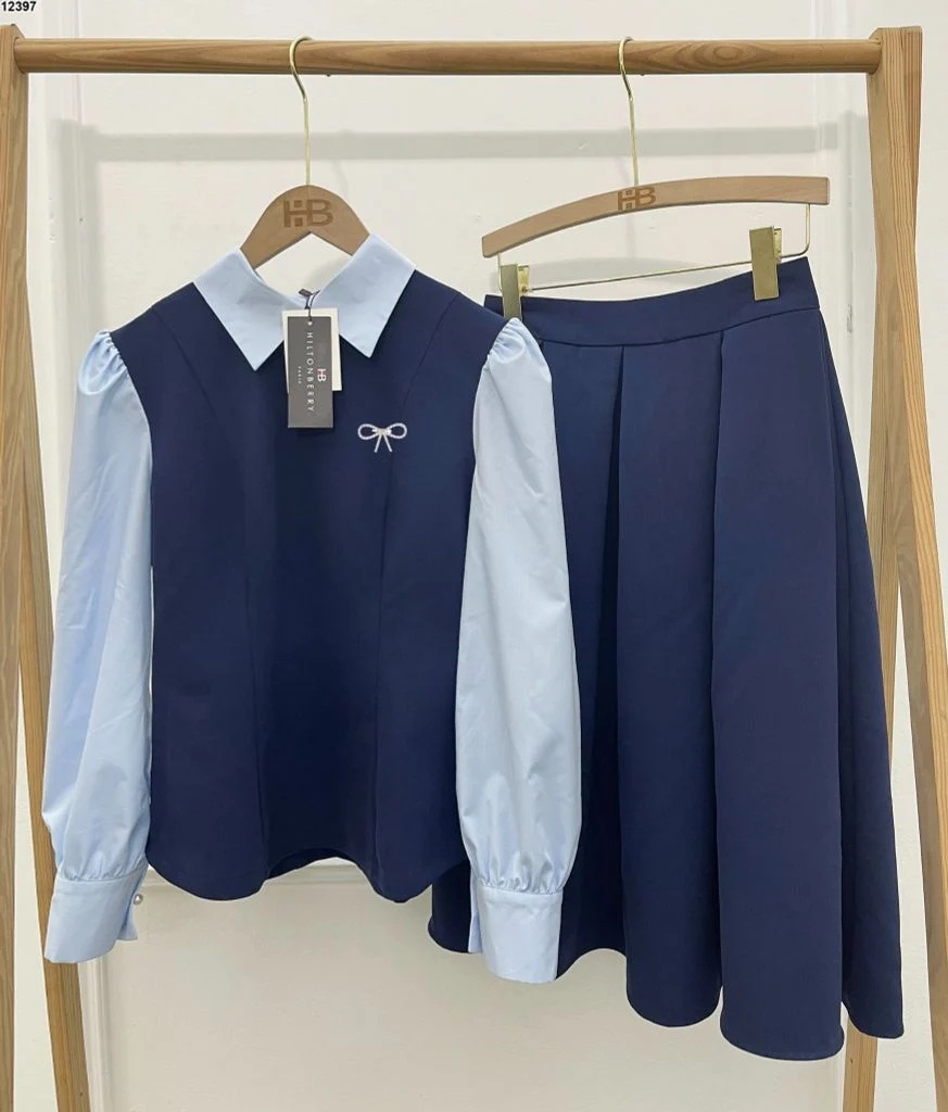 Set váy sơ mi xanh