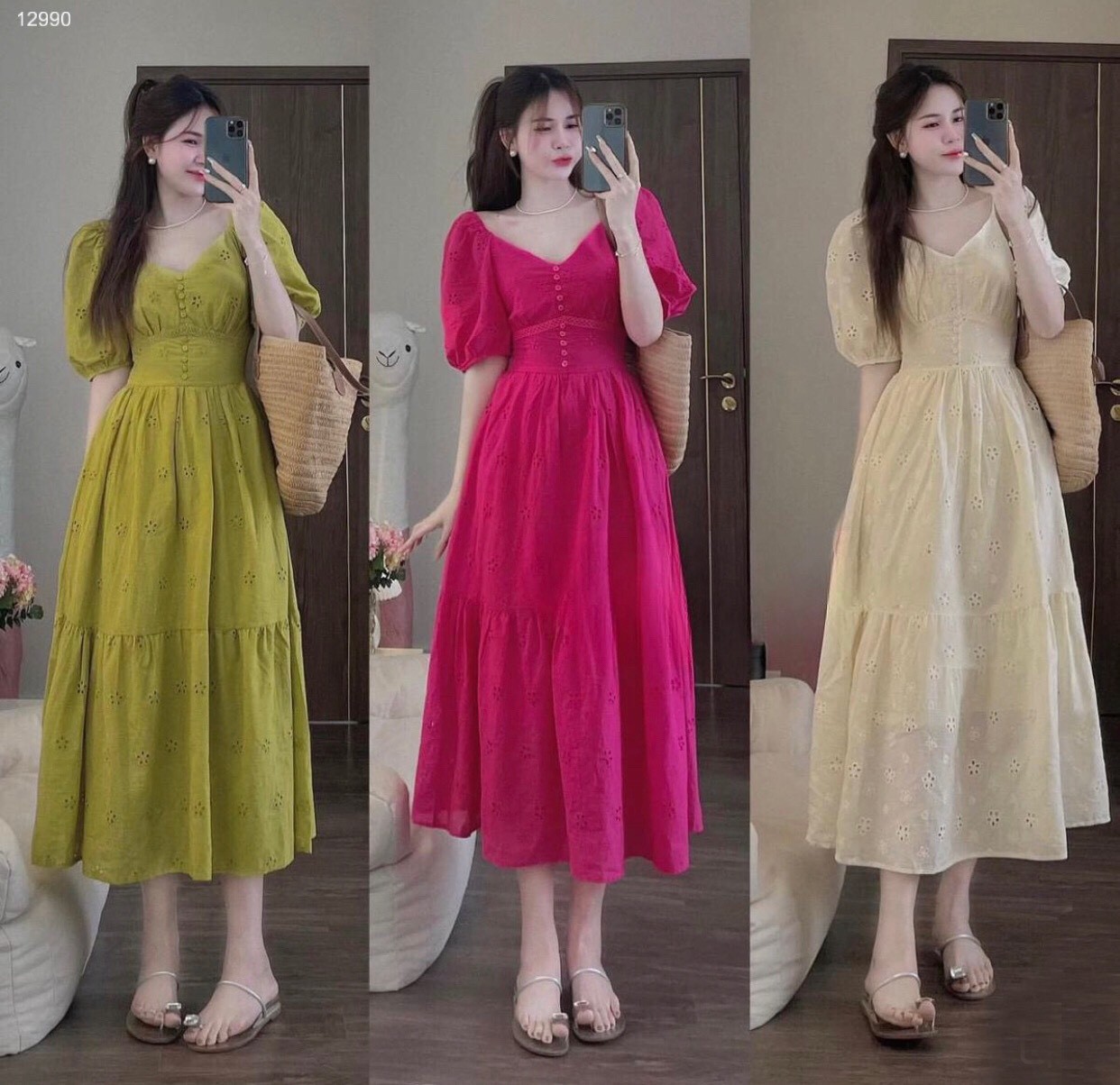 Đầm váy cổ V dáng xoè