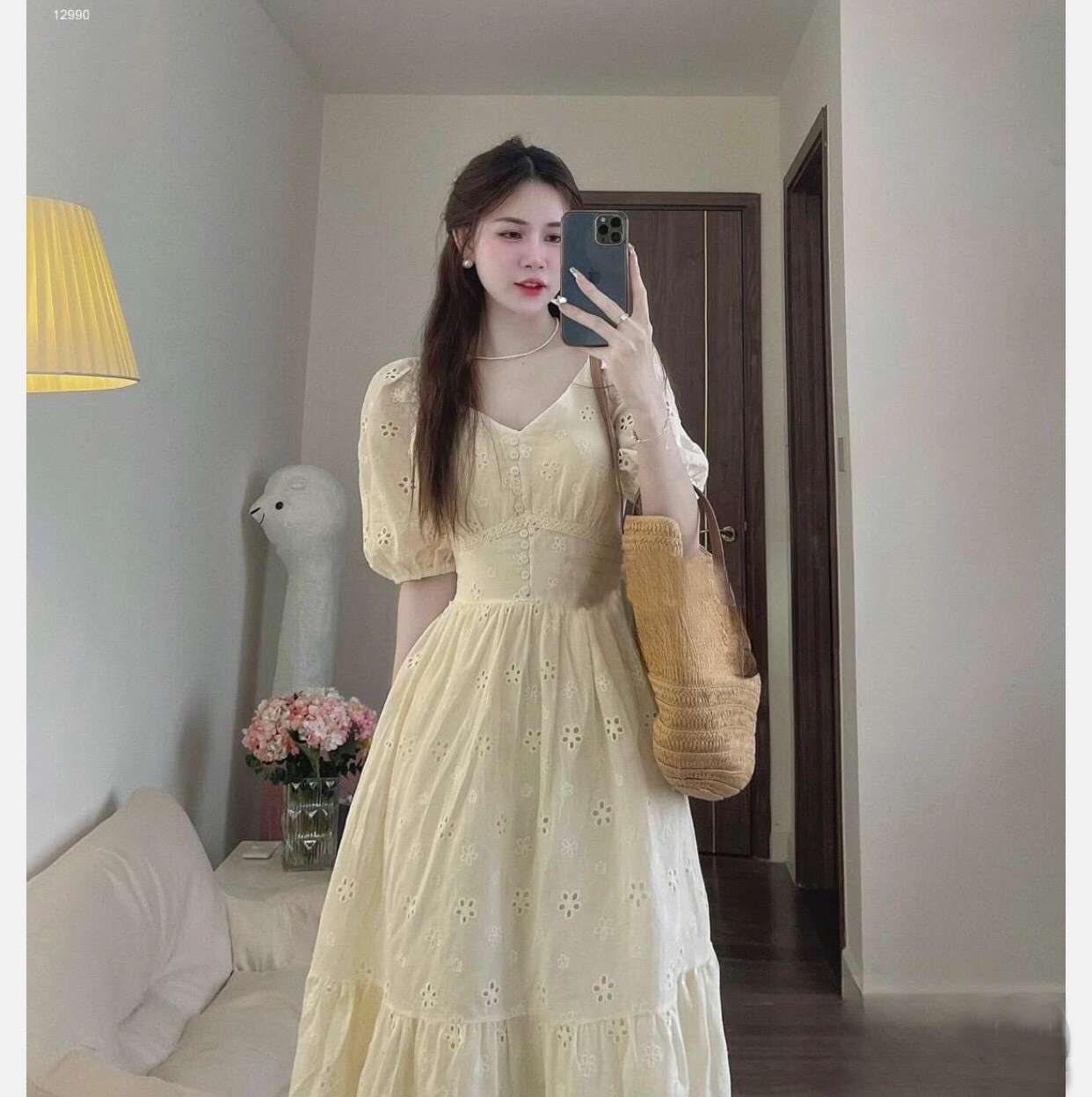 Đầm váy cổ V dáng xoè