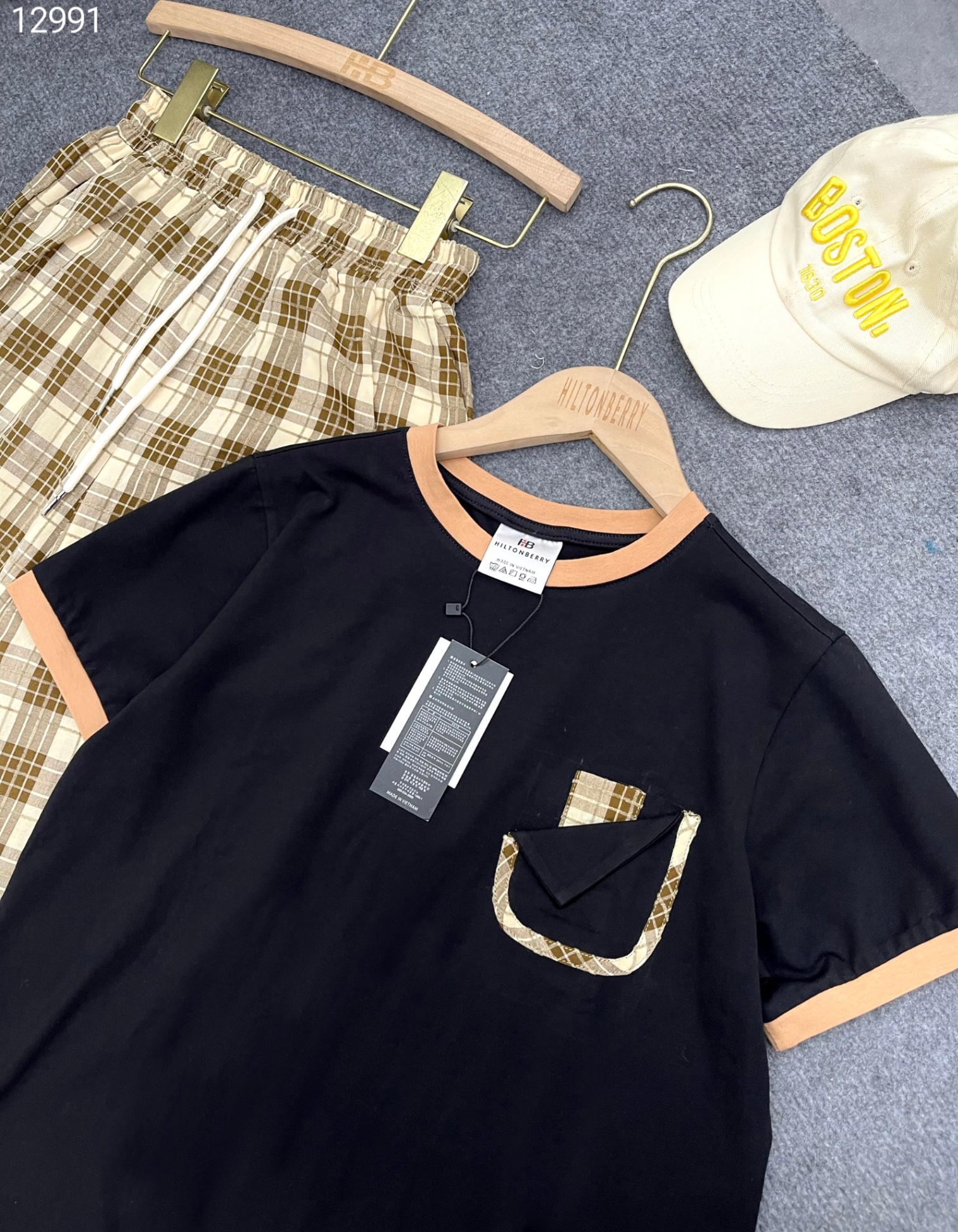 Bộ cotton phối tay + cổ quần kẻ
