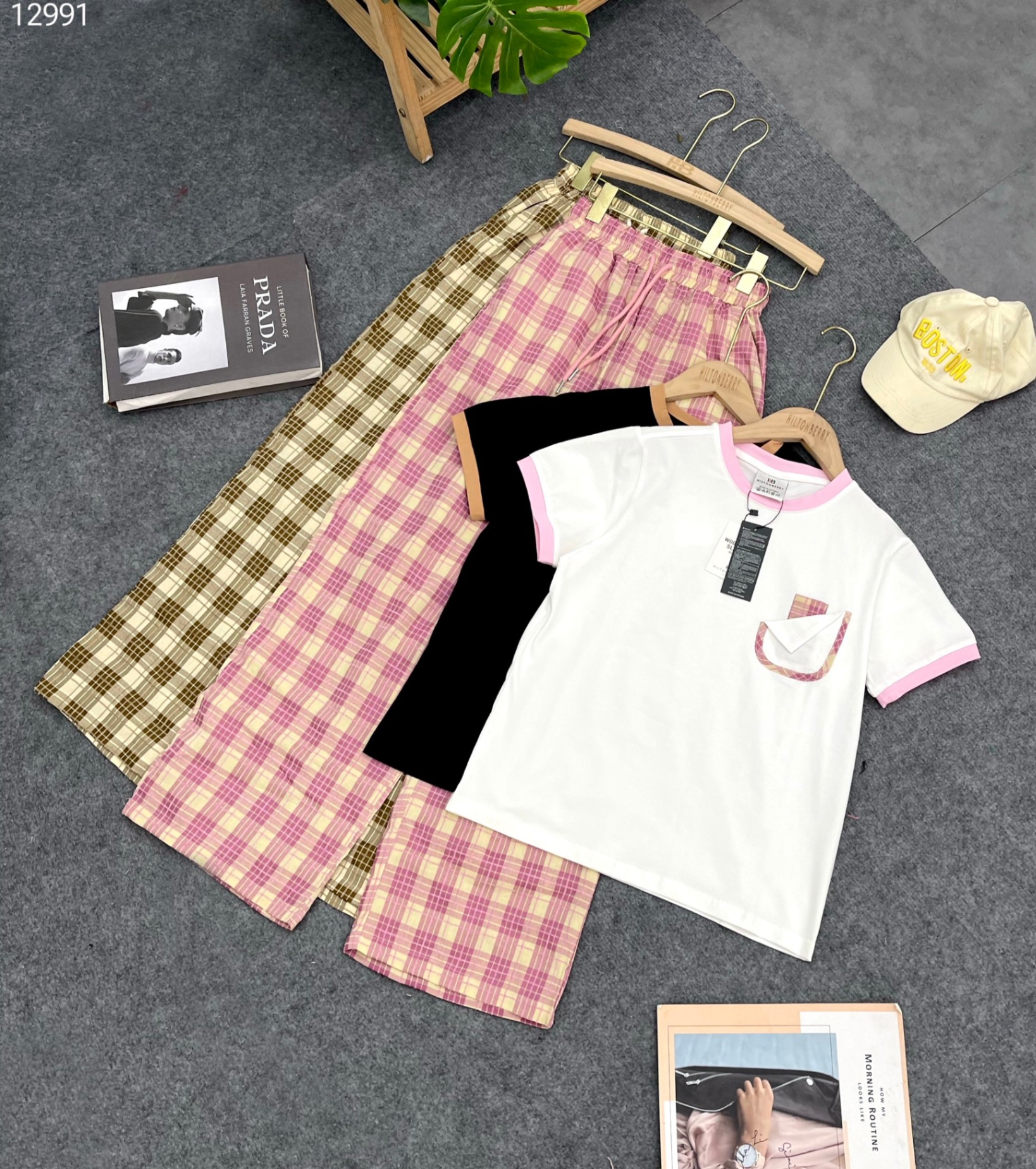 Bộ cotton phối tay + cổ quần kẻ