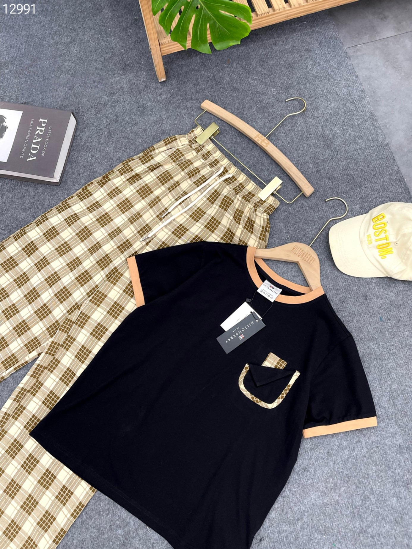 Bộ cotton phối tay + cổ quần kẻ