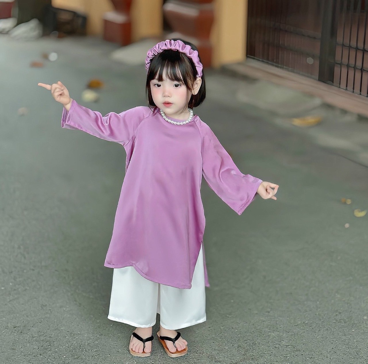 Áo dài trẻ em tím kèm bờm + dây
