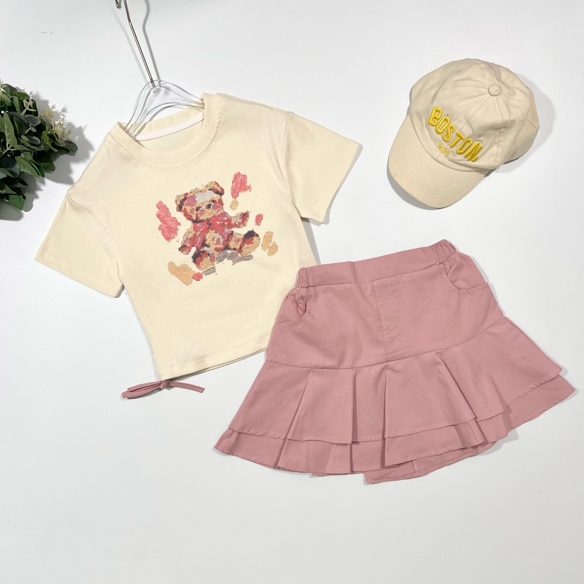 Bộ cotton bé gái in gấu sơn màu