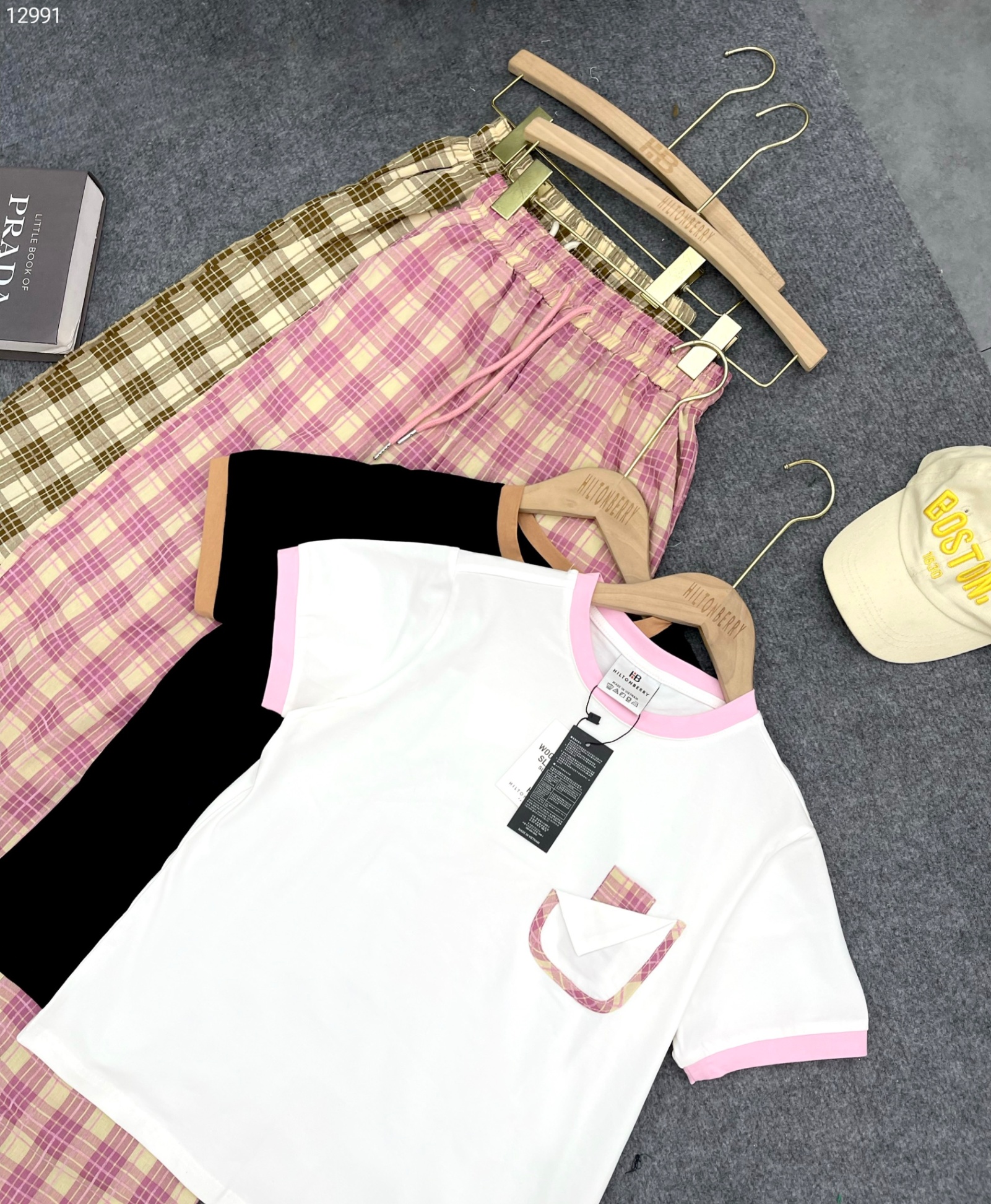 Bộ cotton phối tay + cổ quần kẻ