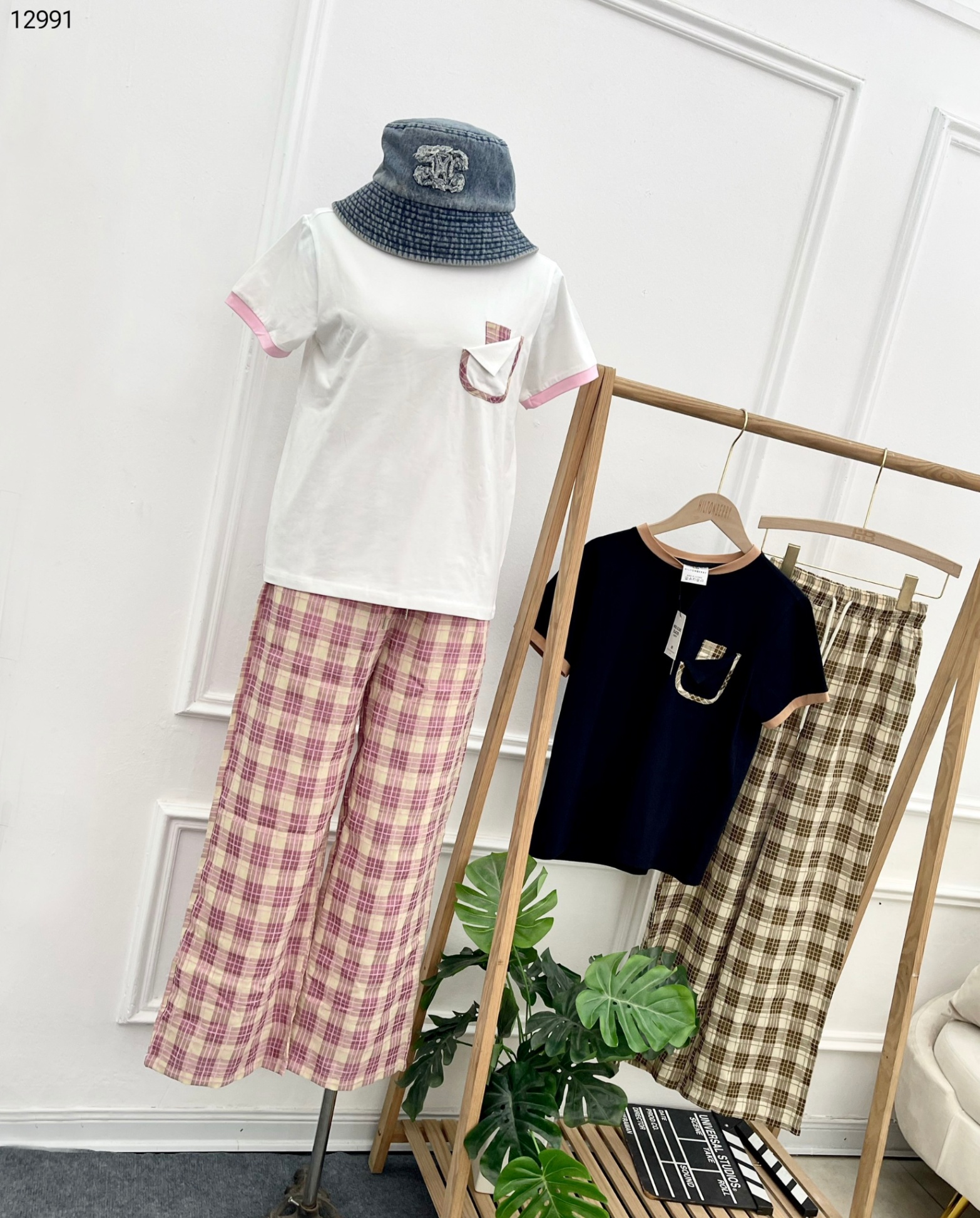 Bộ cotton phối tay + cổ quần kẻ