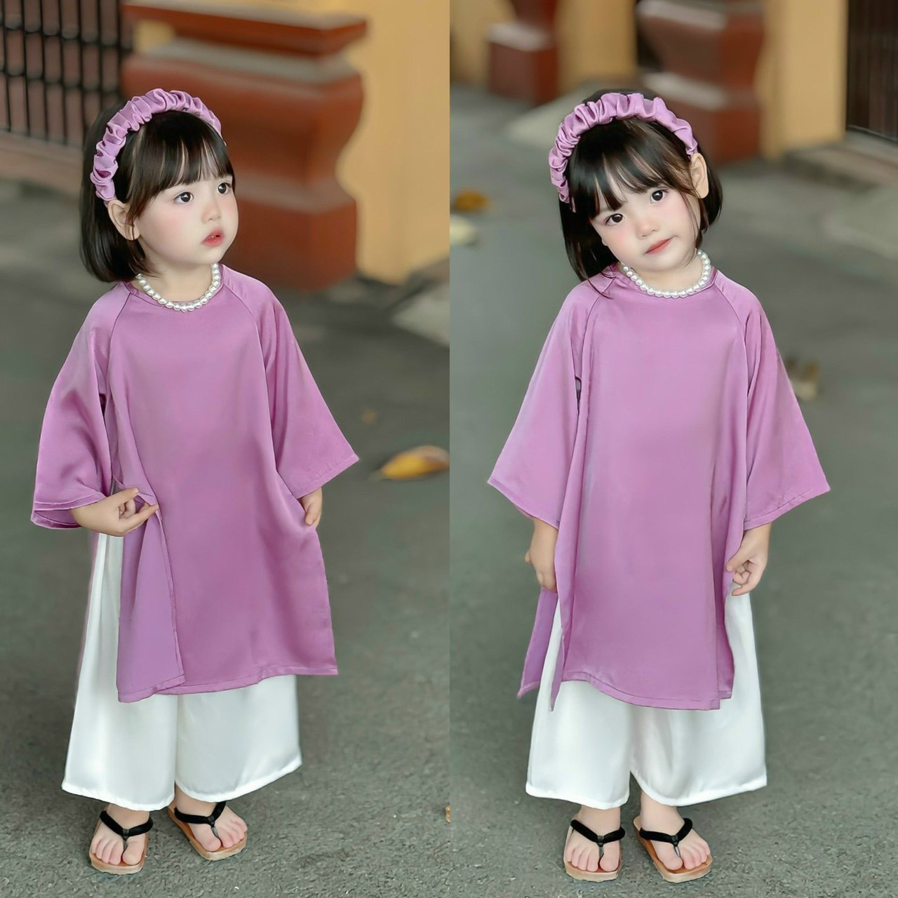 Áo dài trẻ em tím kèm bờm + dây