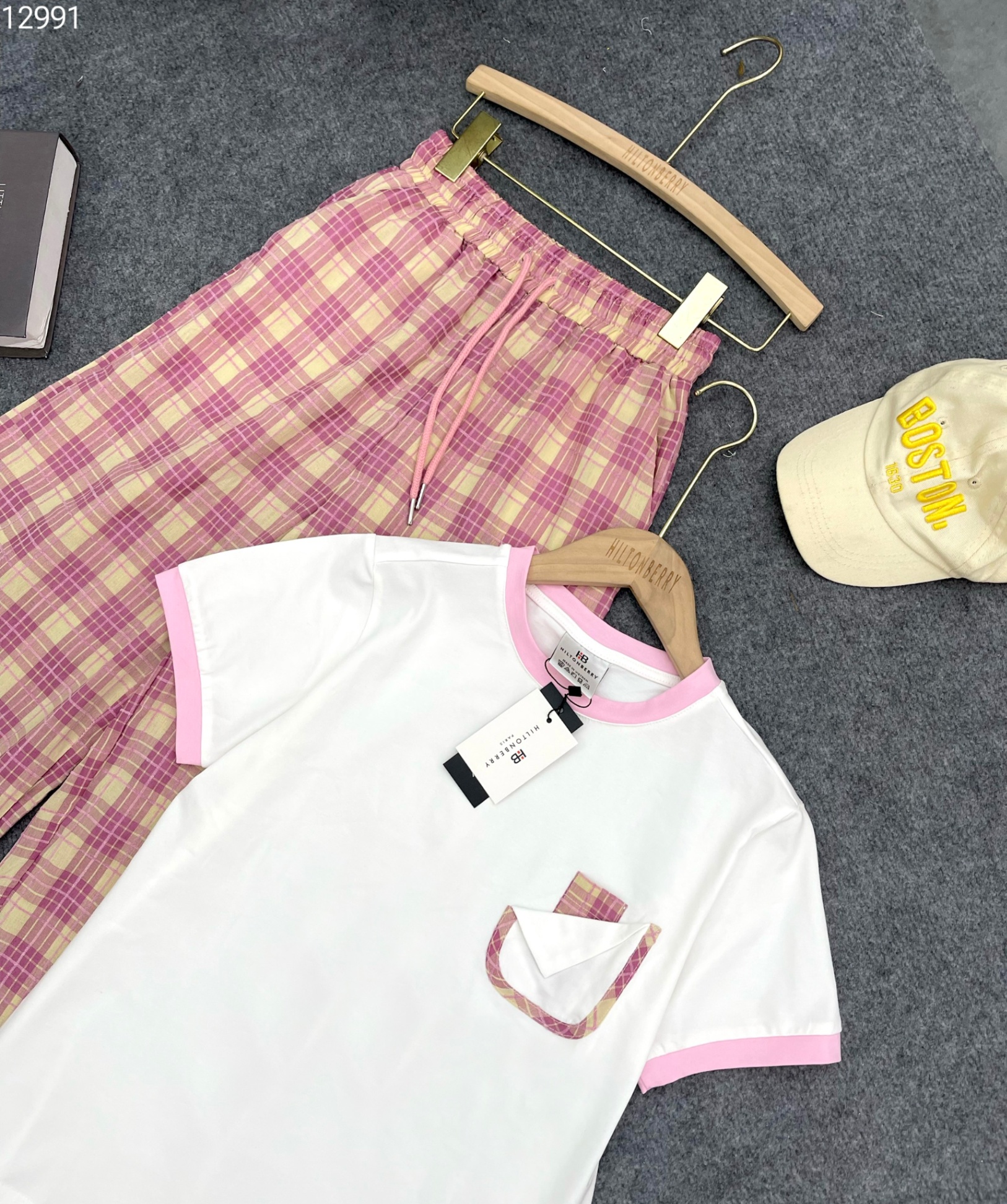 Bộ cotton phối tay + cổ quần kẻ