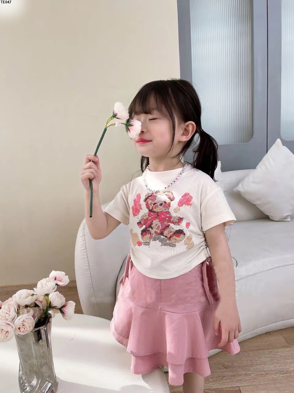 Bộ cotton bé gái in gấu sơn màu