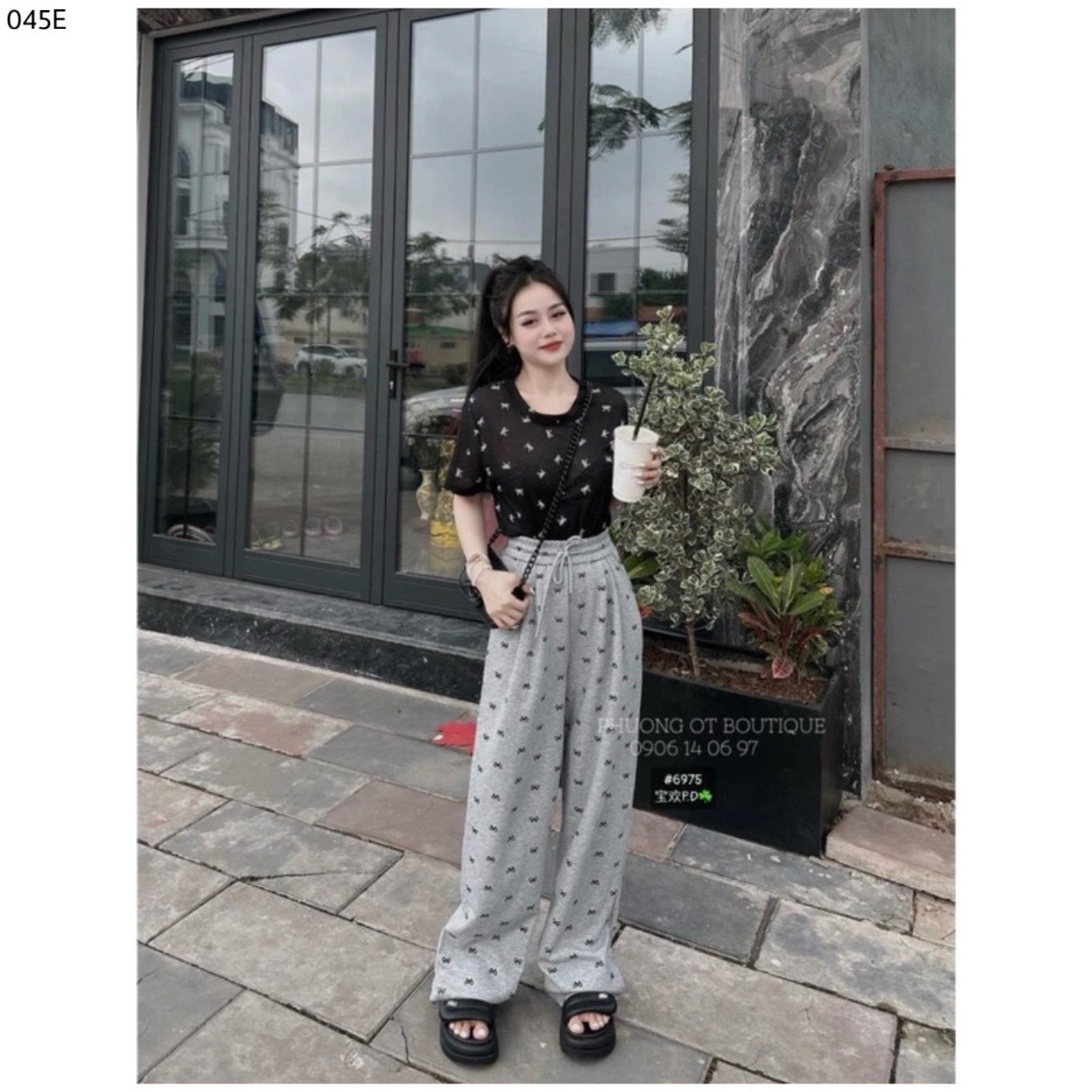 Quần xuông đũi hoạ tiết nơ