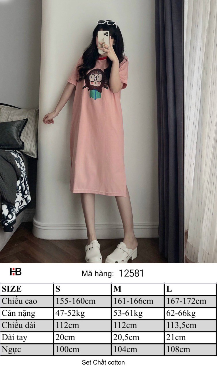 Váy suông xẻ in hình cô gái