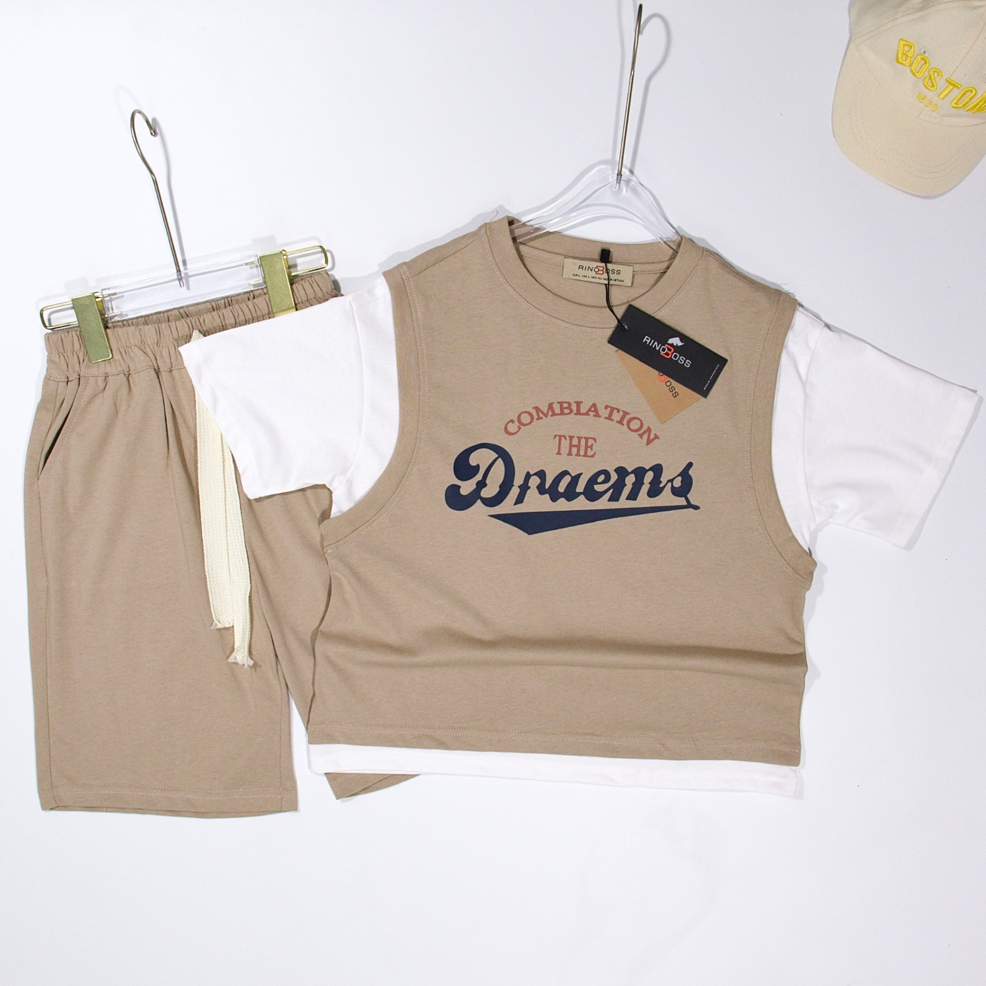 Bộ cotton cộc ngực in chữ dnaems