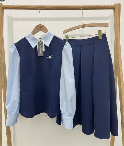 Set váy sơ mi xanh