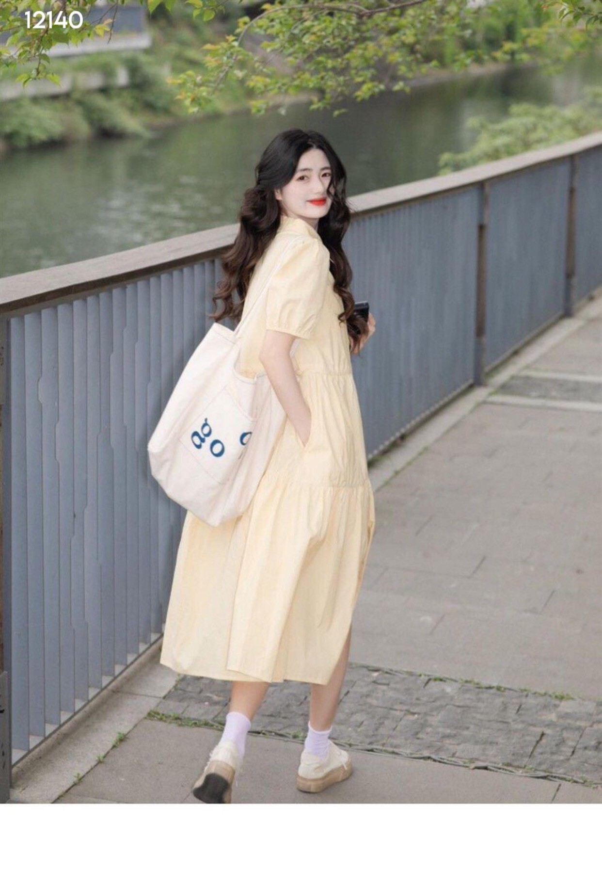 Váy xuông cổ sơ mi dây rút eo