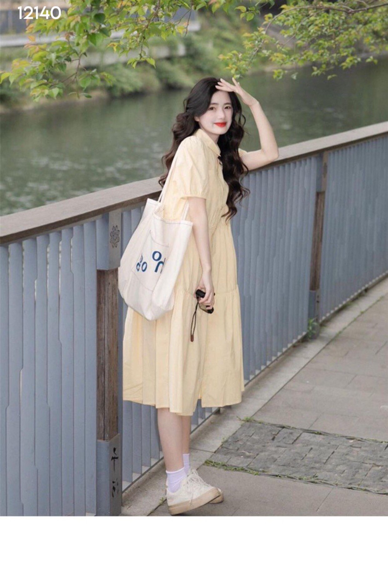 Váy xuông cổ sơ mi dây rút eo