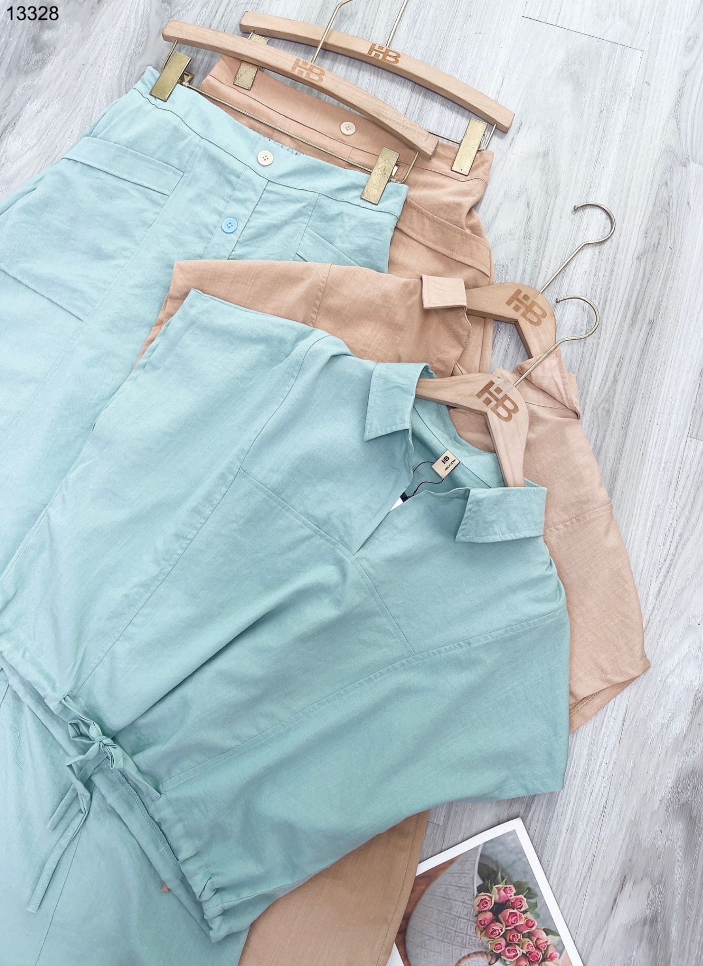 Set linen mix chân váy dài