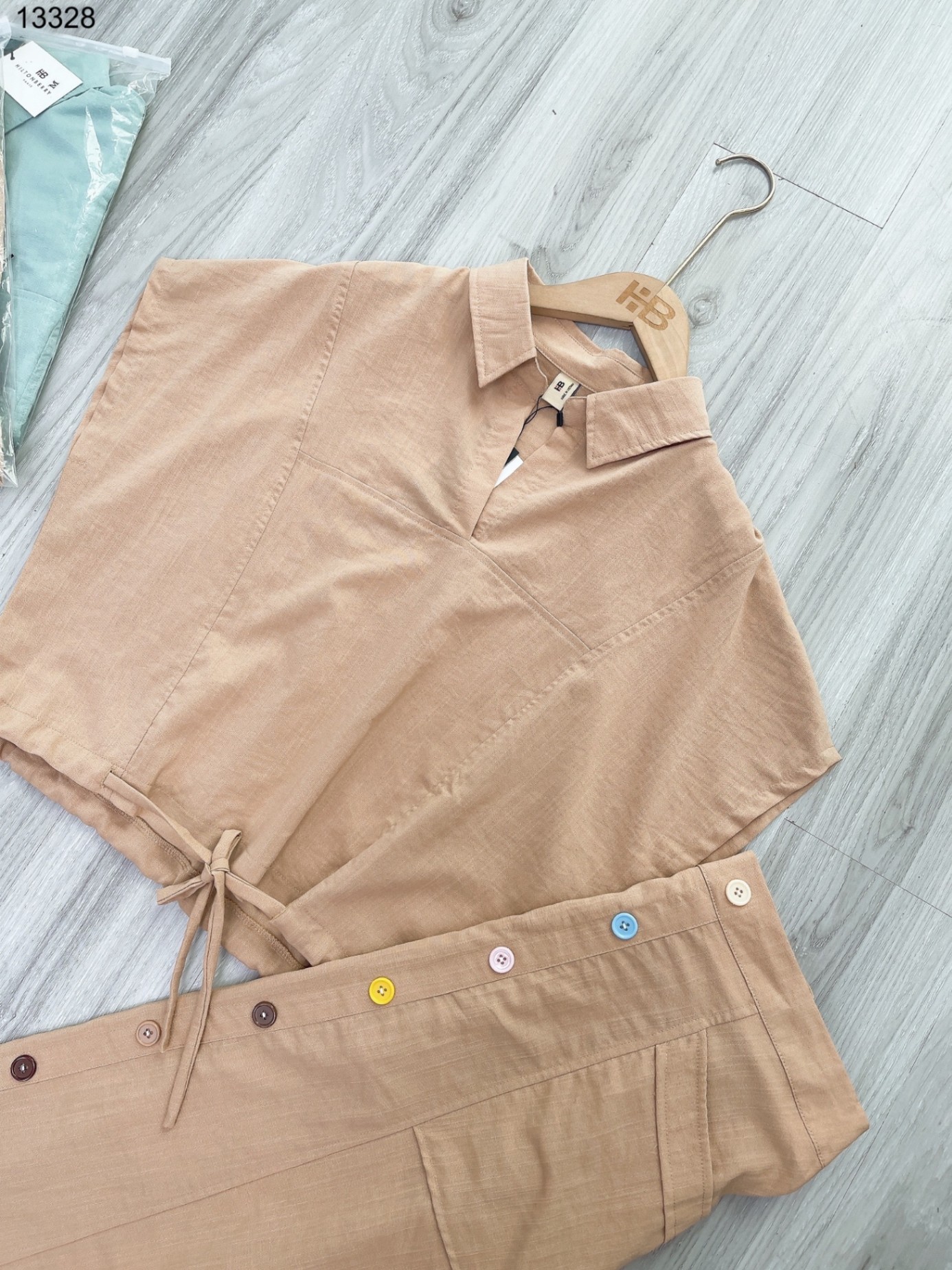 Set linen mix chân váy dài