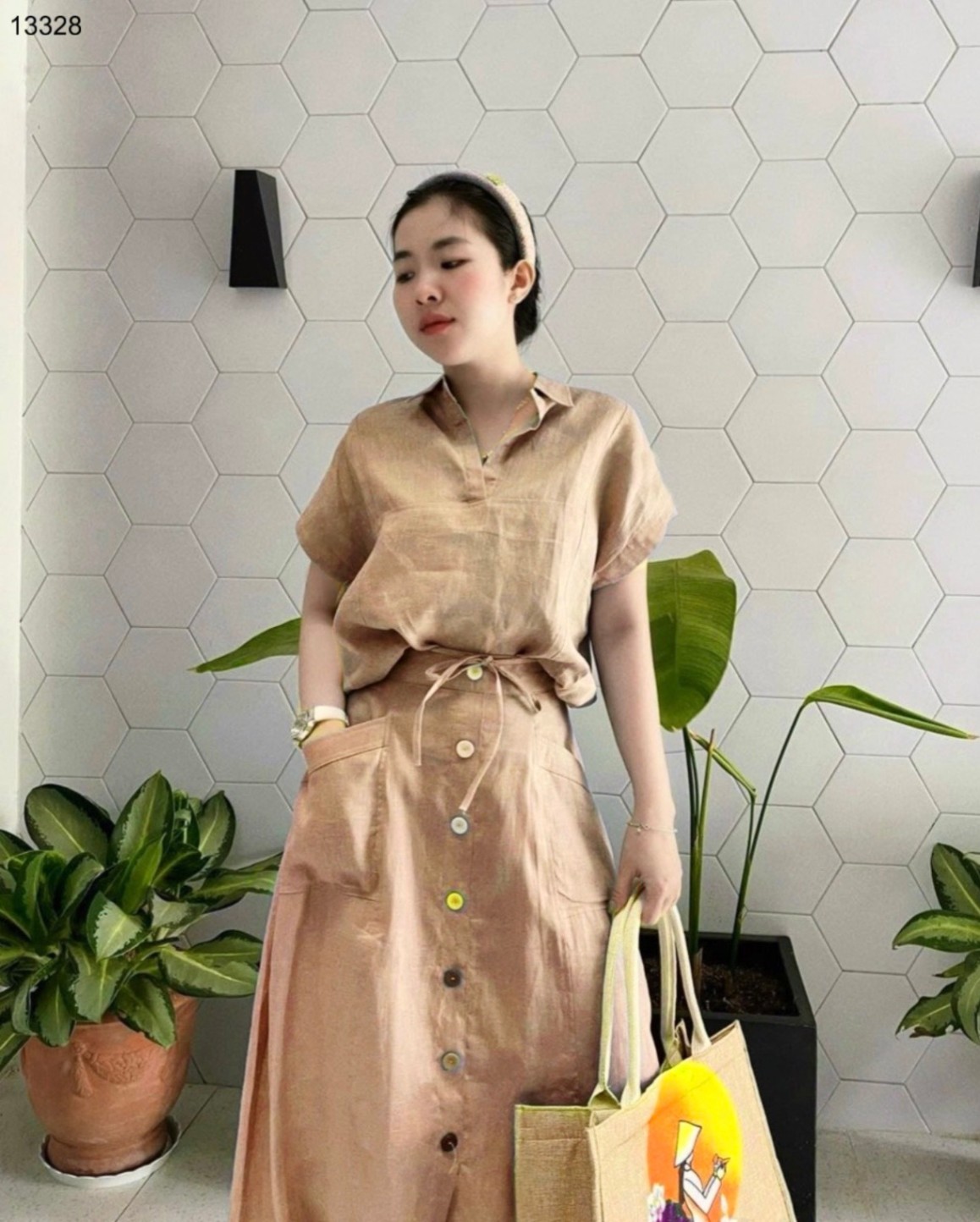 Set linen mix chân váy dài