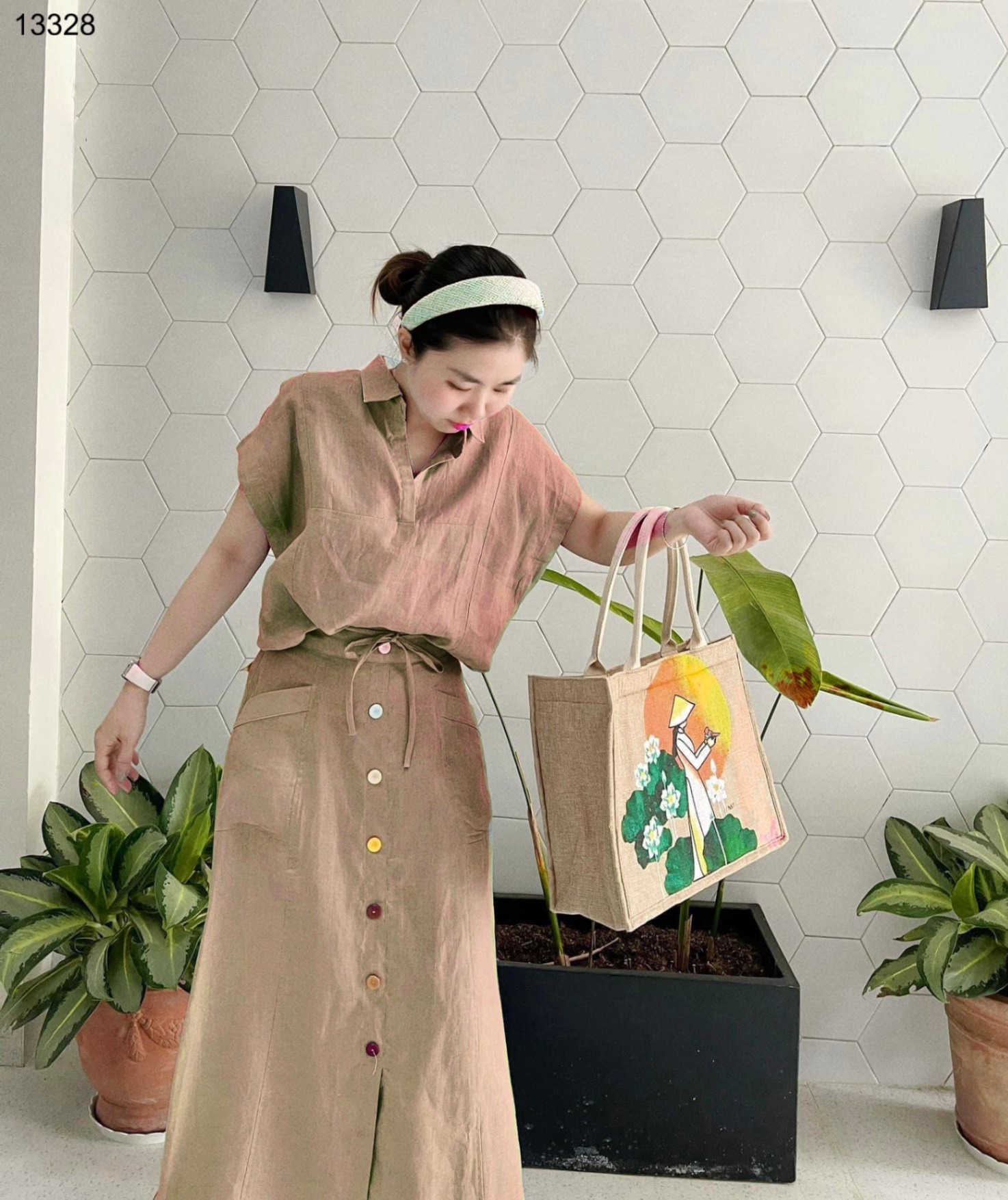 Set linen mix chân váy dài