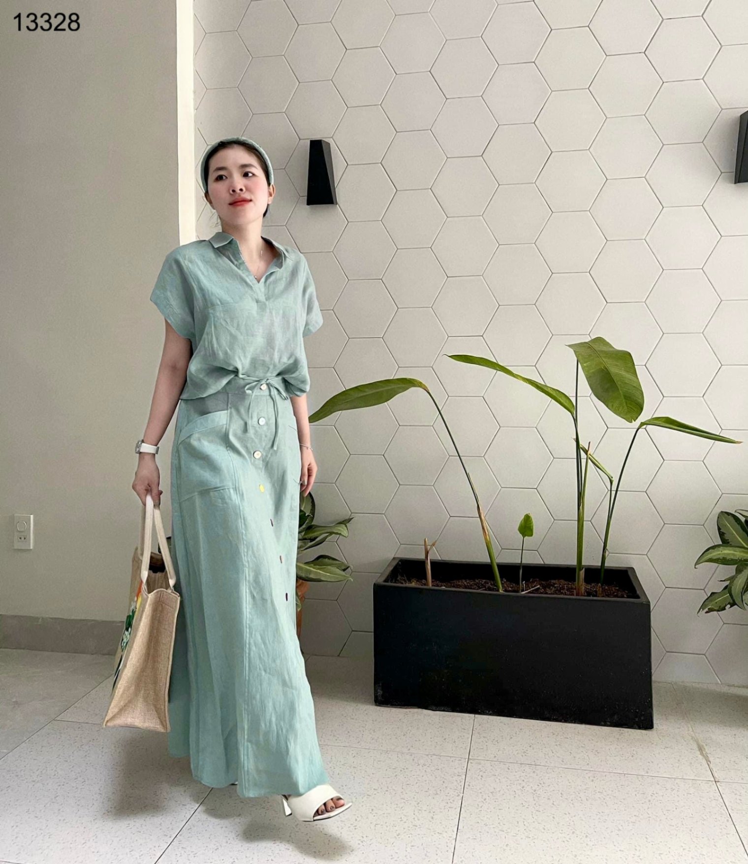 Set linen mix chân váy dài