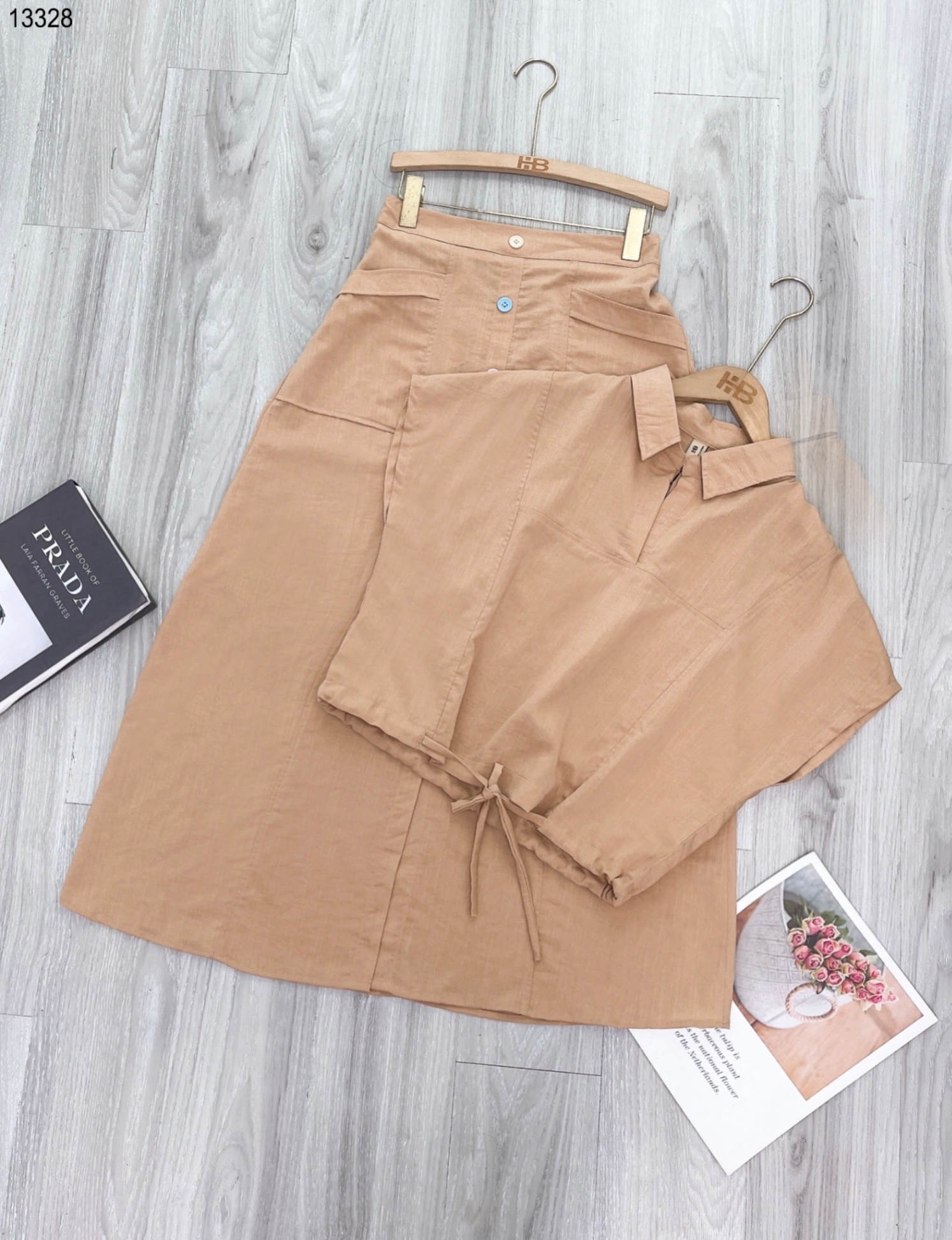 Set linen mix chân váy dài
