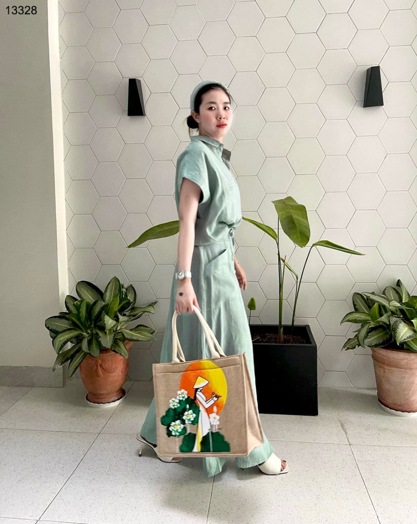 Set linen mix chân váy dài