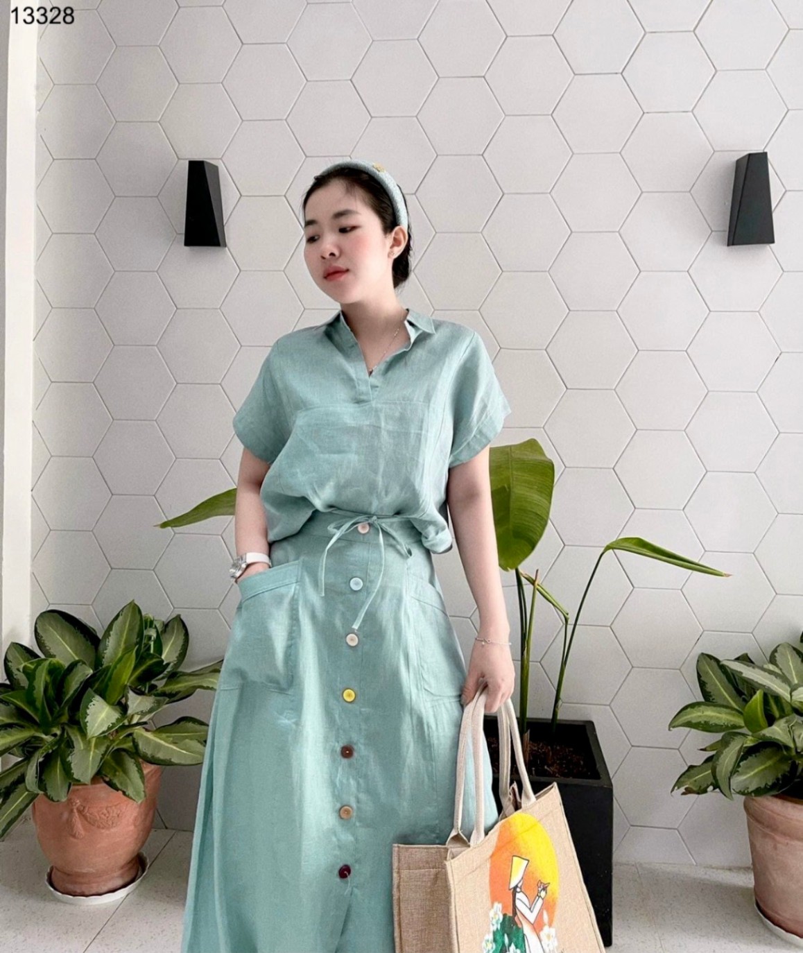 Set linen mix chân váy dài
