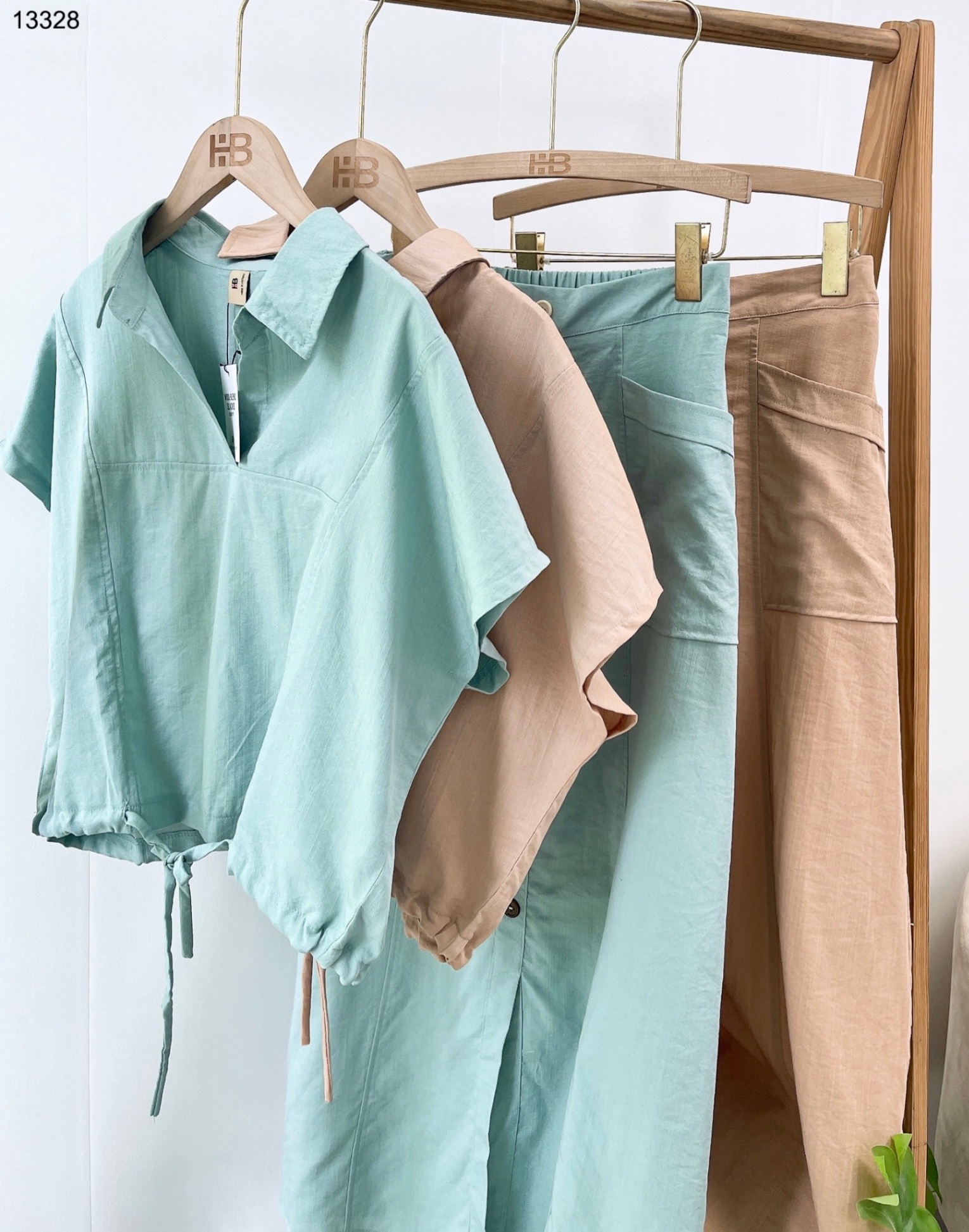 Set linen mix chân váy dài