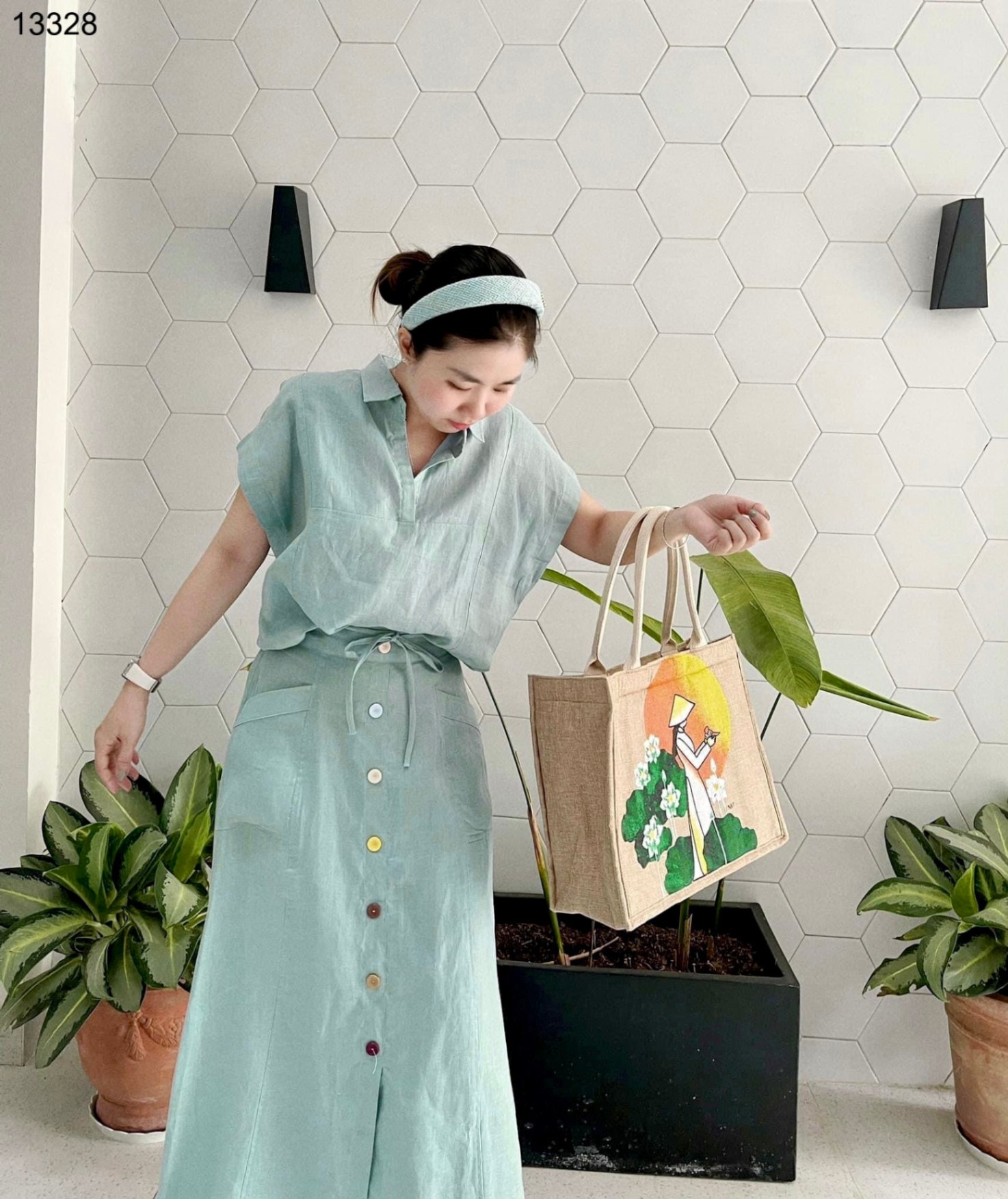 Set linen mix chân váy dài