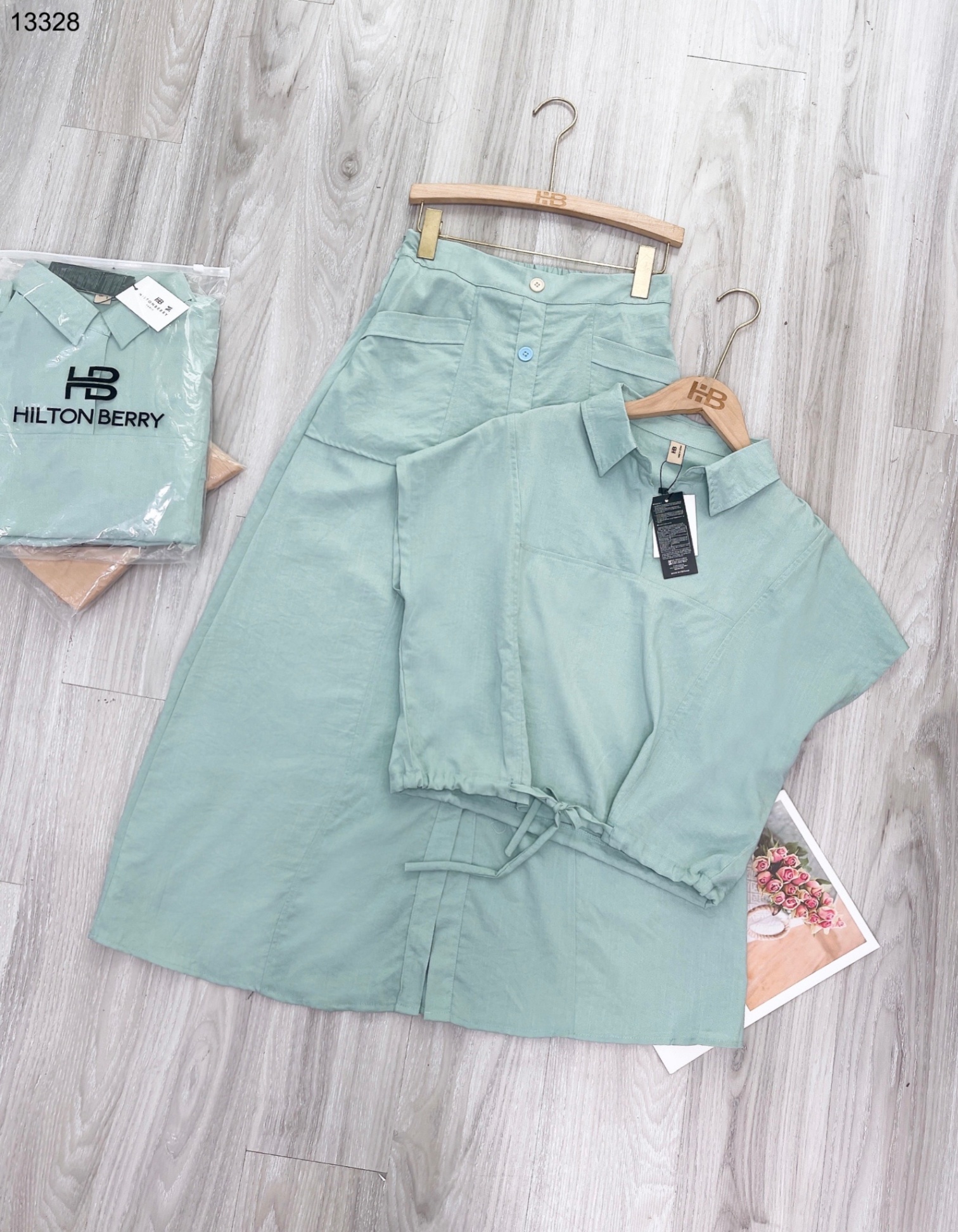 Set linen mix chân váy dài