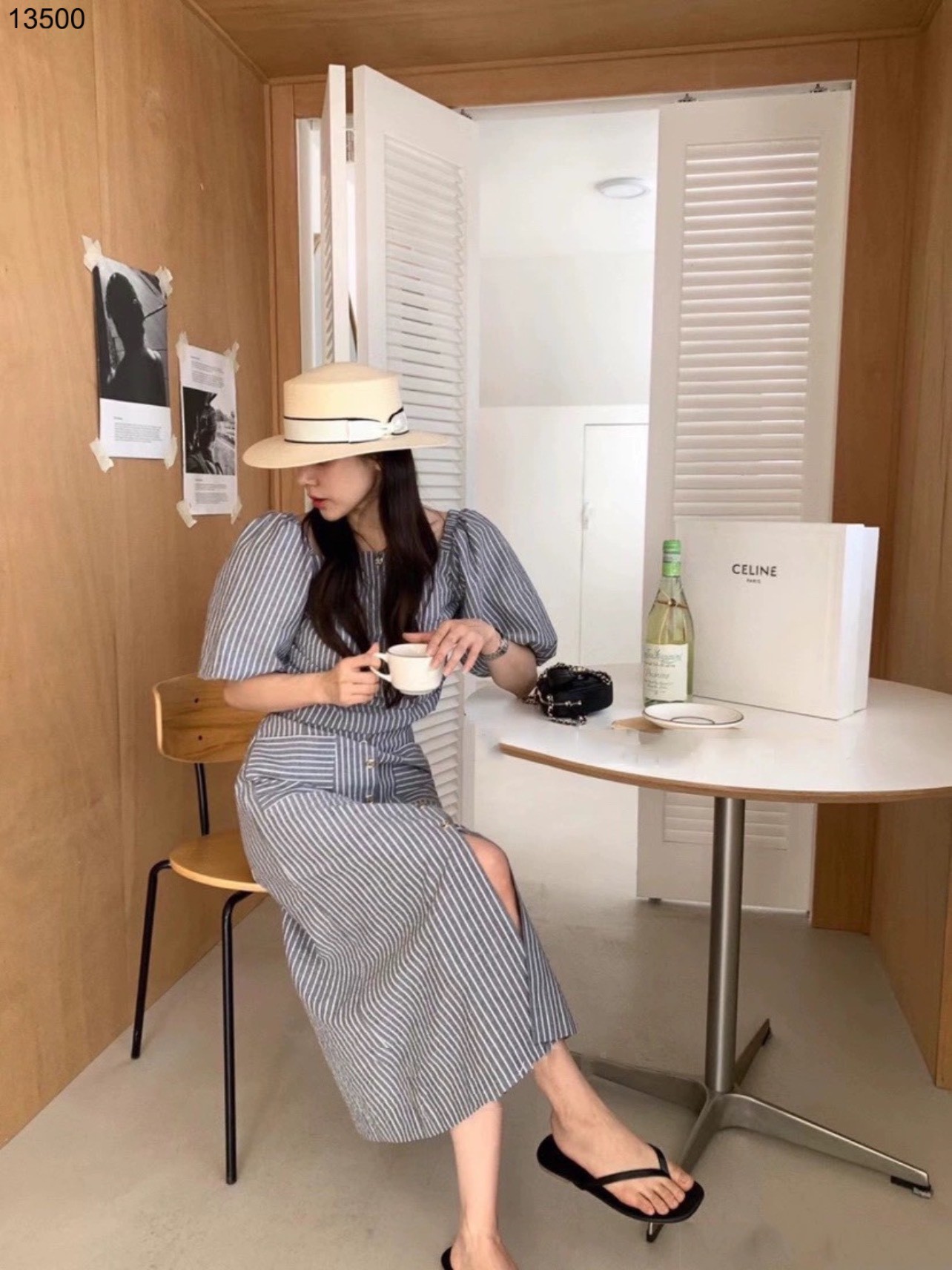 Áo kiểu cổ vuông mix chân váy midi họa tiết sọc kẻ