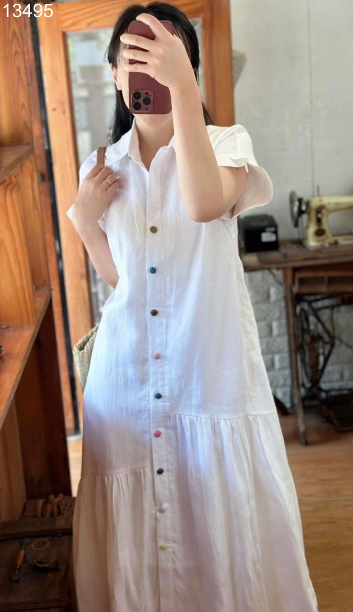 Đầm sơ mi linen phối tầng