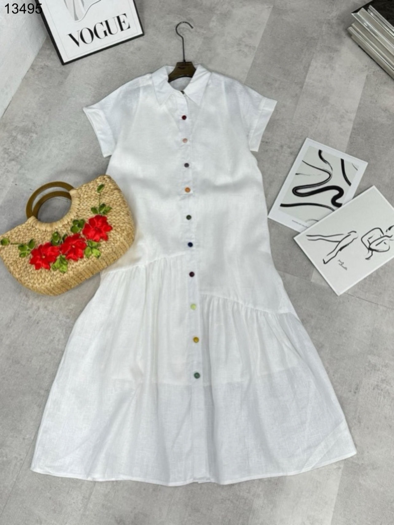 Đầm sơ mi linen phối tầng