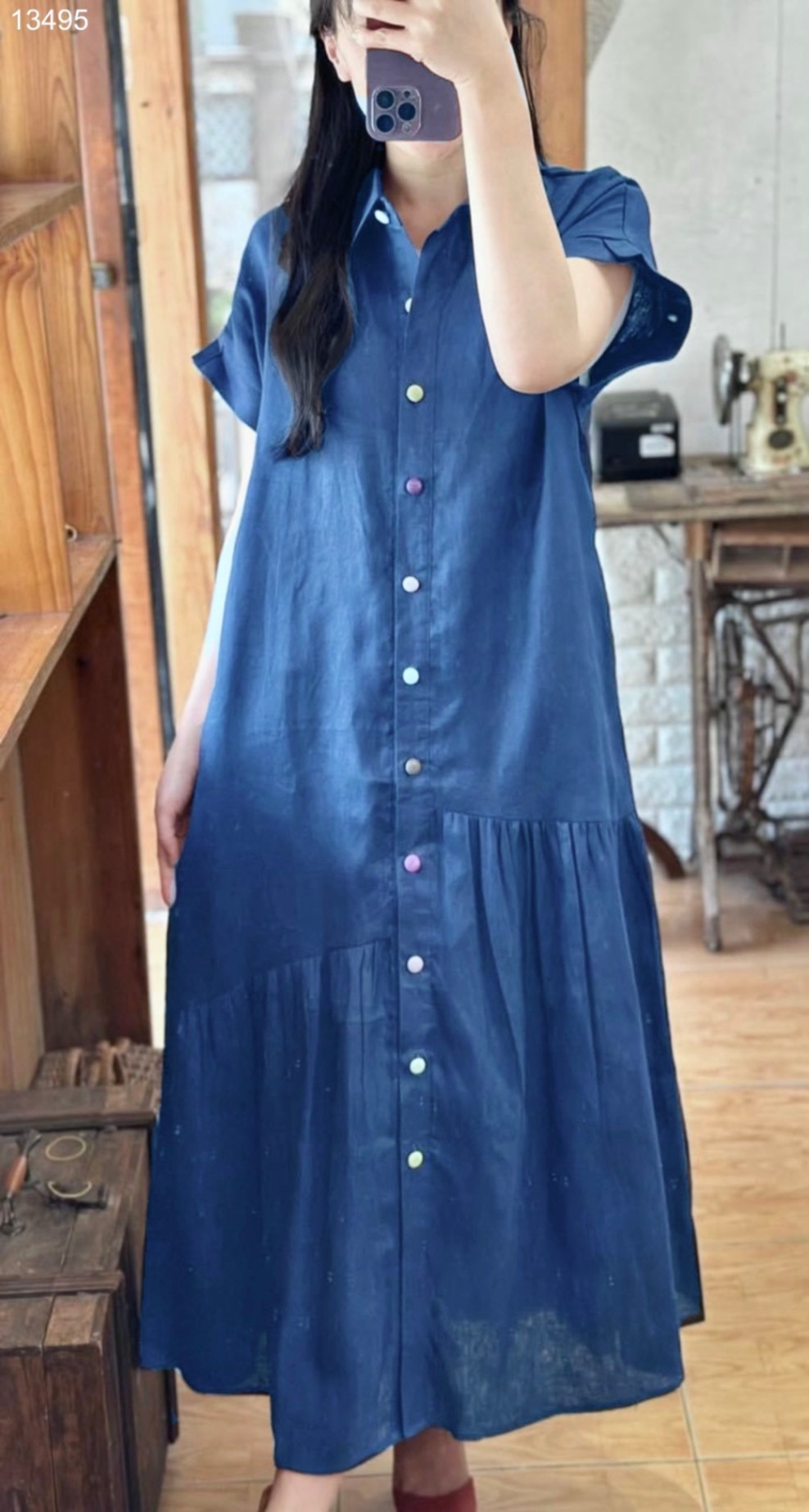 Đầm sơ mi linen phối tầng