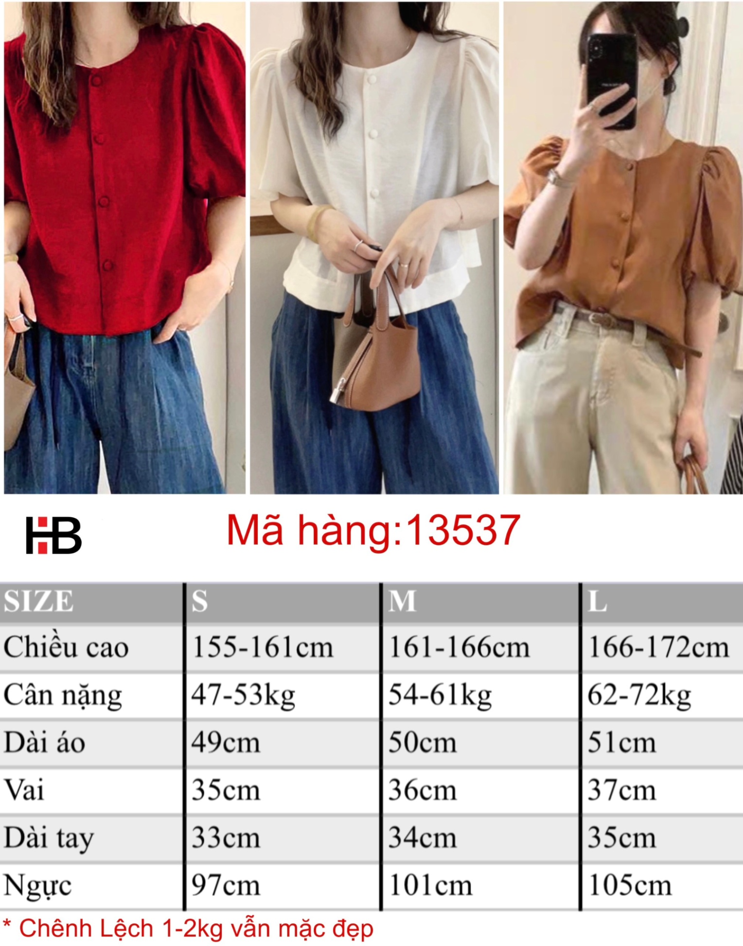 Áo sơ mi kiểu nữ cổ tròn tay phồng