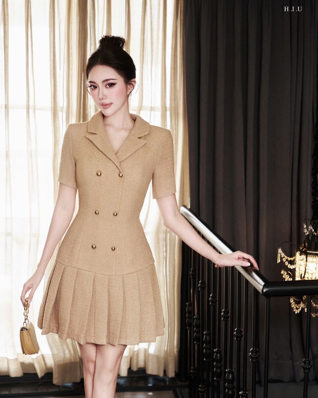 Váy nữ dạ tweed hàn ánh nhũ cao cấp Oval dress HIU design