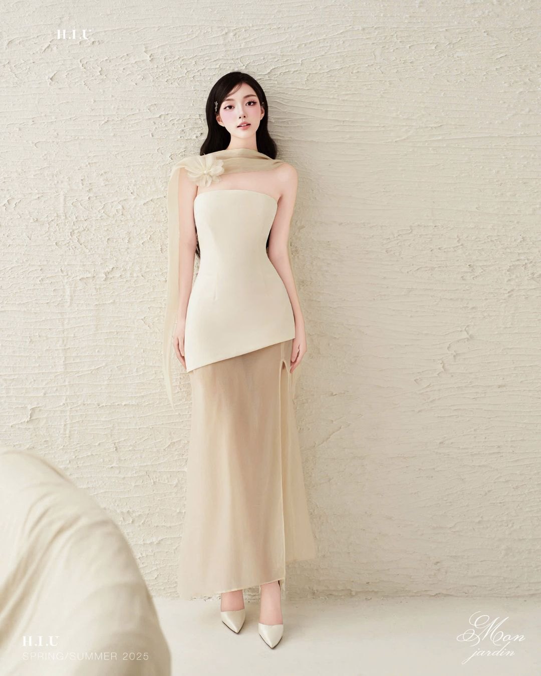 Váy tiệc nữ cup ngực Dari Dress text chun hàn phối voan xẻ midi HIU design