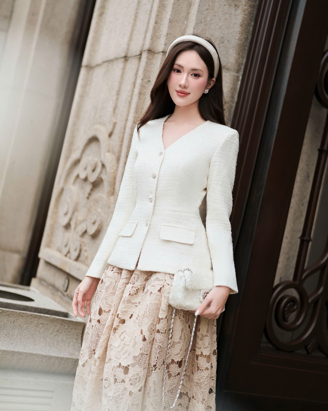 Áo Khoác nữ cổ tim dạ tweed vân ánh nhũ cao cấp Gali blazer HIU design