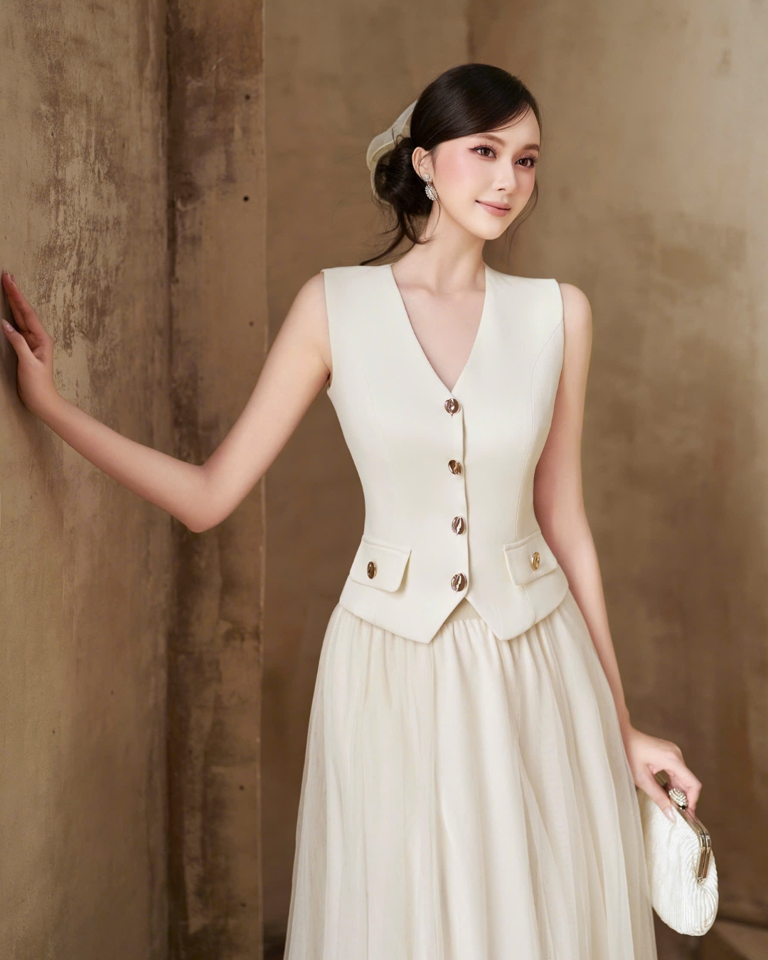 Áo gile thiết kế chất liệu text kem Avy Top dáng basic thanh lịch HIU design