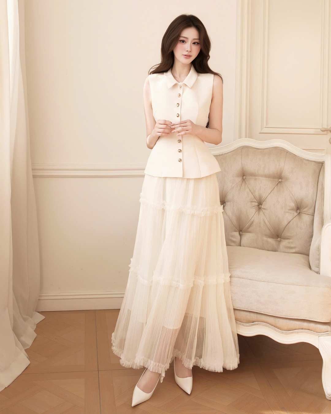 Áo kiểu thiết kế cổ đức Dina Top dáng Classic khuy hợp kim thanh lịch HIU design