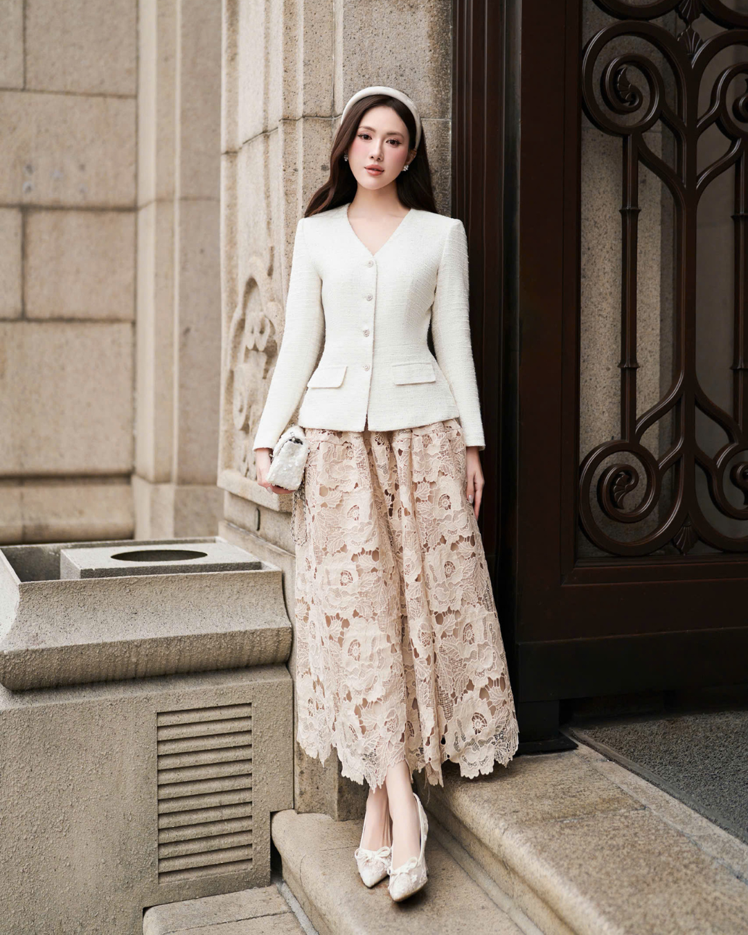 Chân váy Midi dài ren hoa nude thiết kế Peoni Skirt dáng dài style tiểu thư HIU design