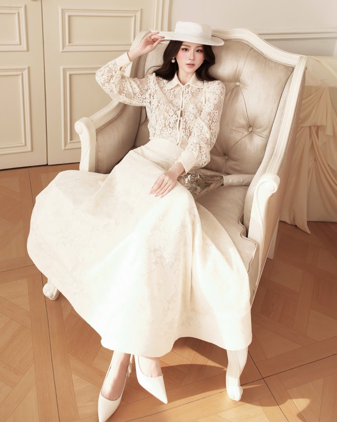 Chân váy Midi thiết kế dáng A Lave Skirt ren vân hoa bồng bản 2 lớp cao cấp HIU design