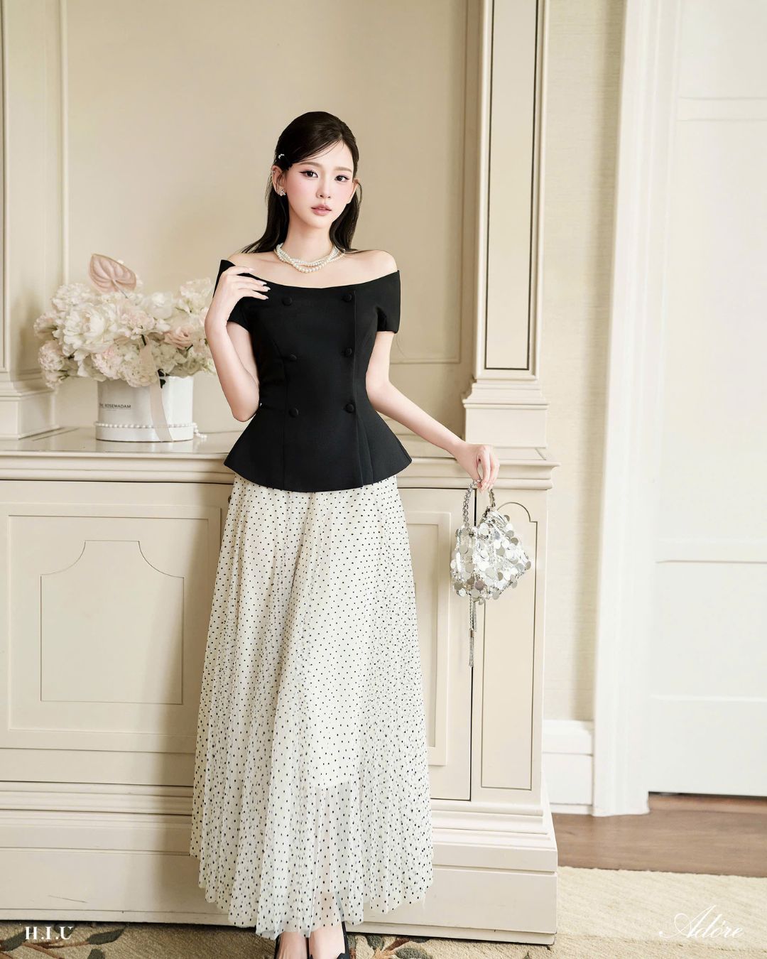 Chân váy chấm bi thiết kế midi voan cao cấp Rini skirt HIU design